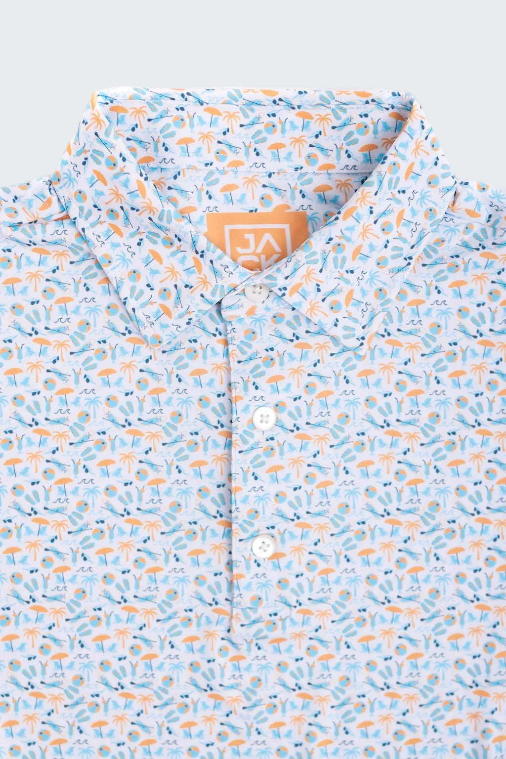 Light blue shirt with orange and white pattern on a white background