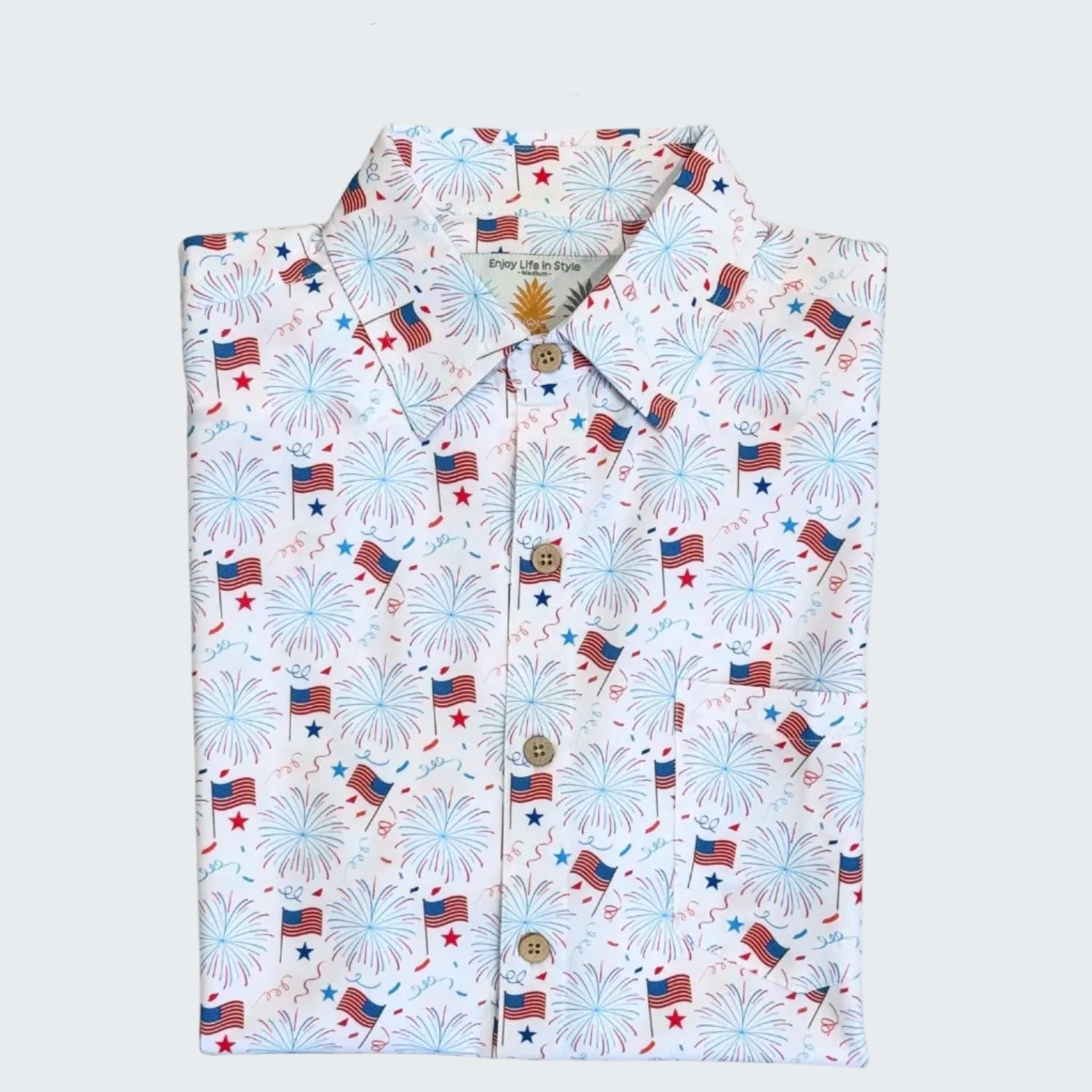 Folded shirt with American flag and fireworks pattern, 10 Year Anniversary 2026 Limited Edition text.