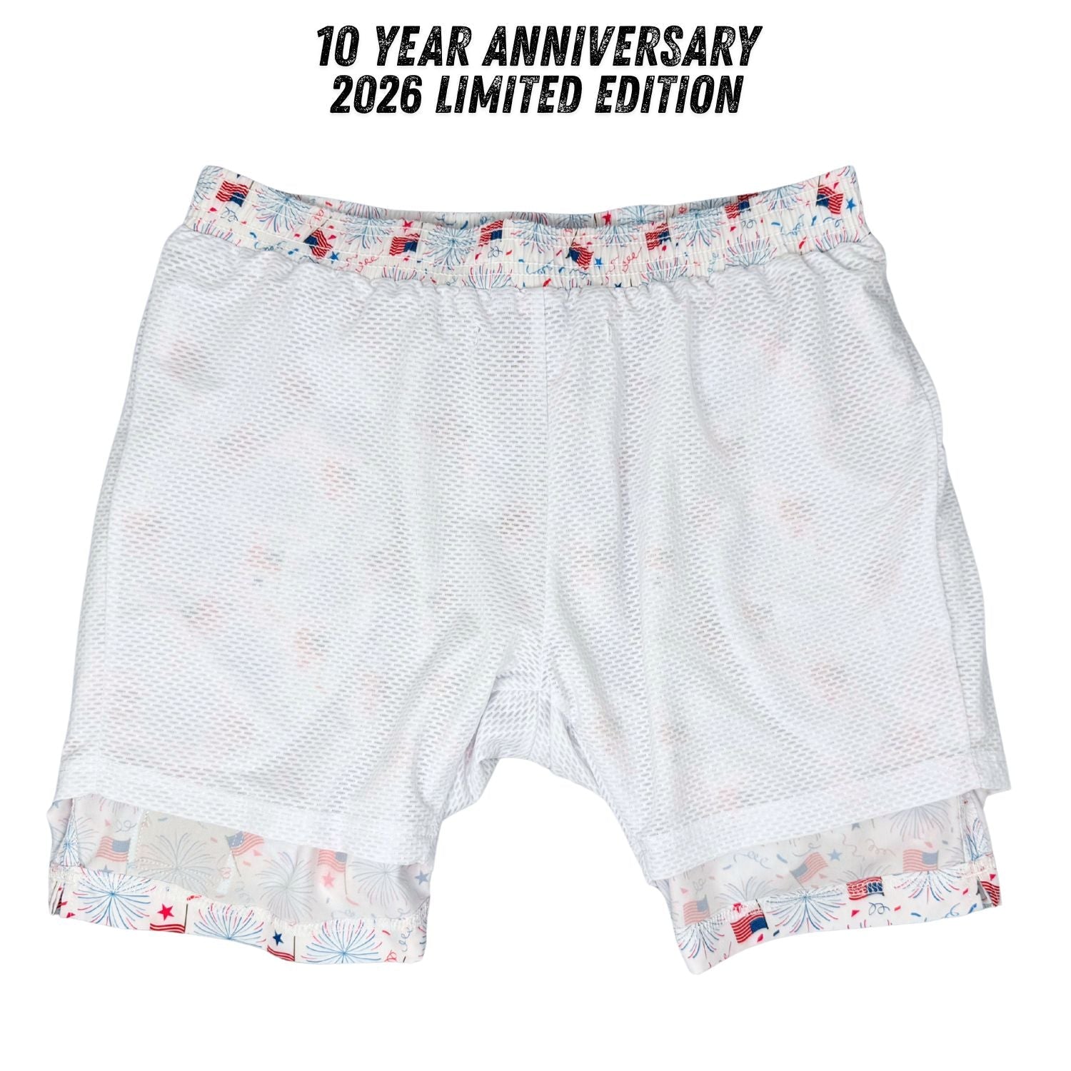 White boxer briefs with colorful waistband and hem on a white background, labeled '10 Year Anniversary 2026 Limited Edition'.