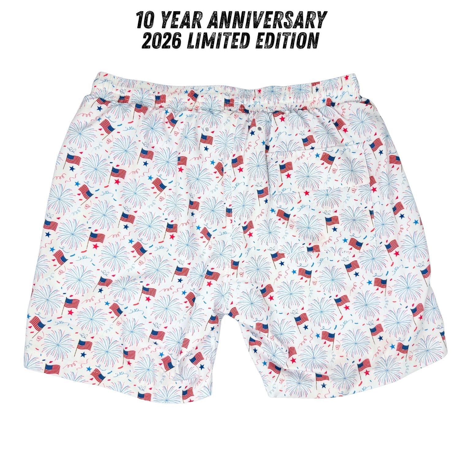 Shorts with American flag and fireworks pattern, labeled '10 Year Anniversary 2026 Limited Edition'.