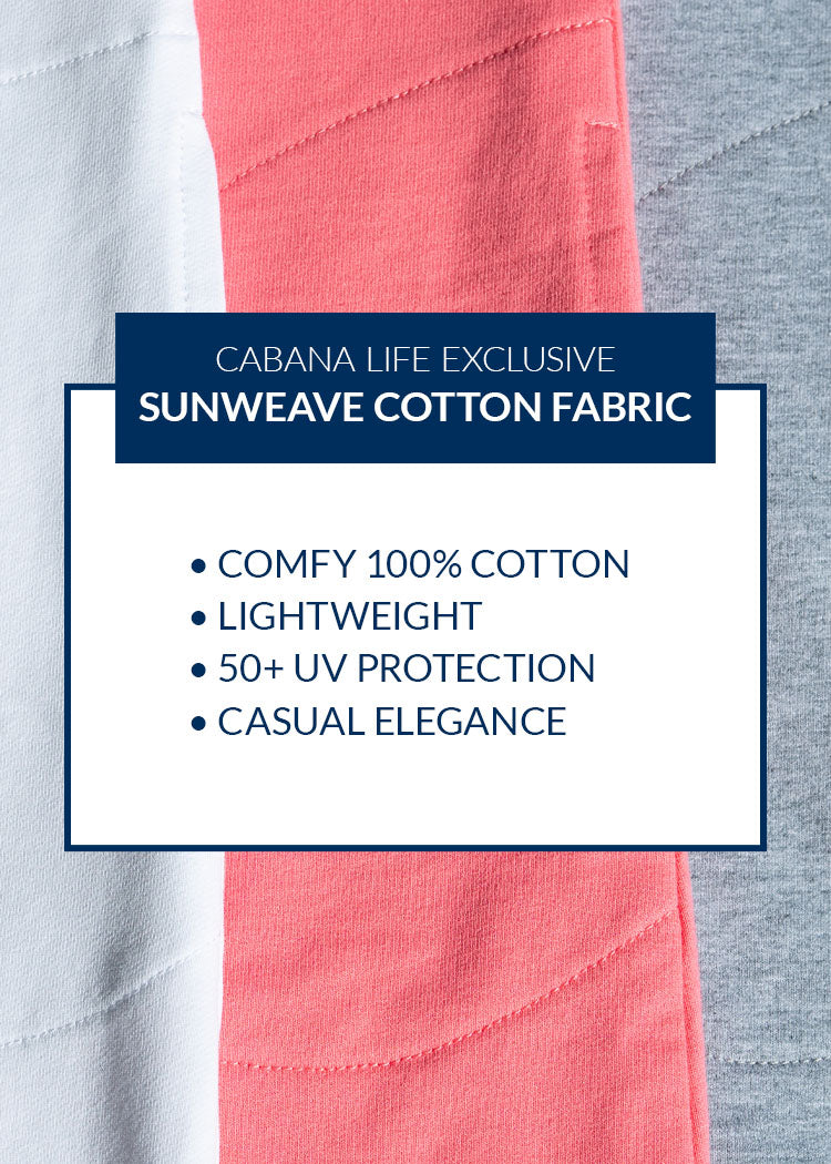 Close-up of a fabric with text highlighting Sunweave Cotton Fabric features.