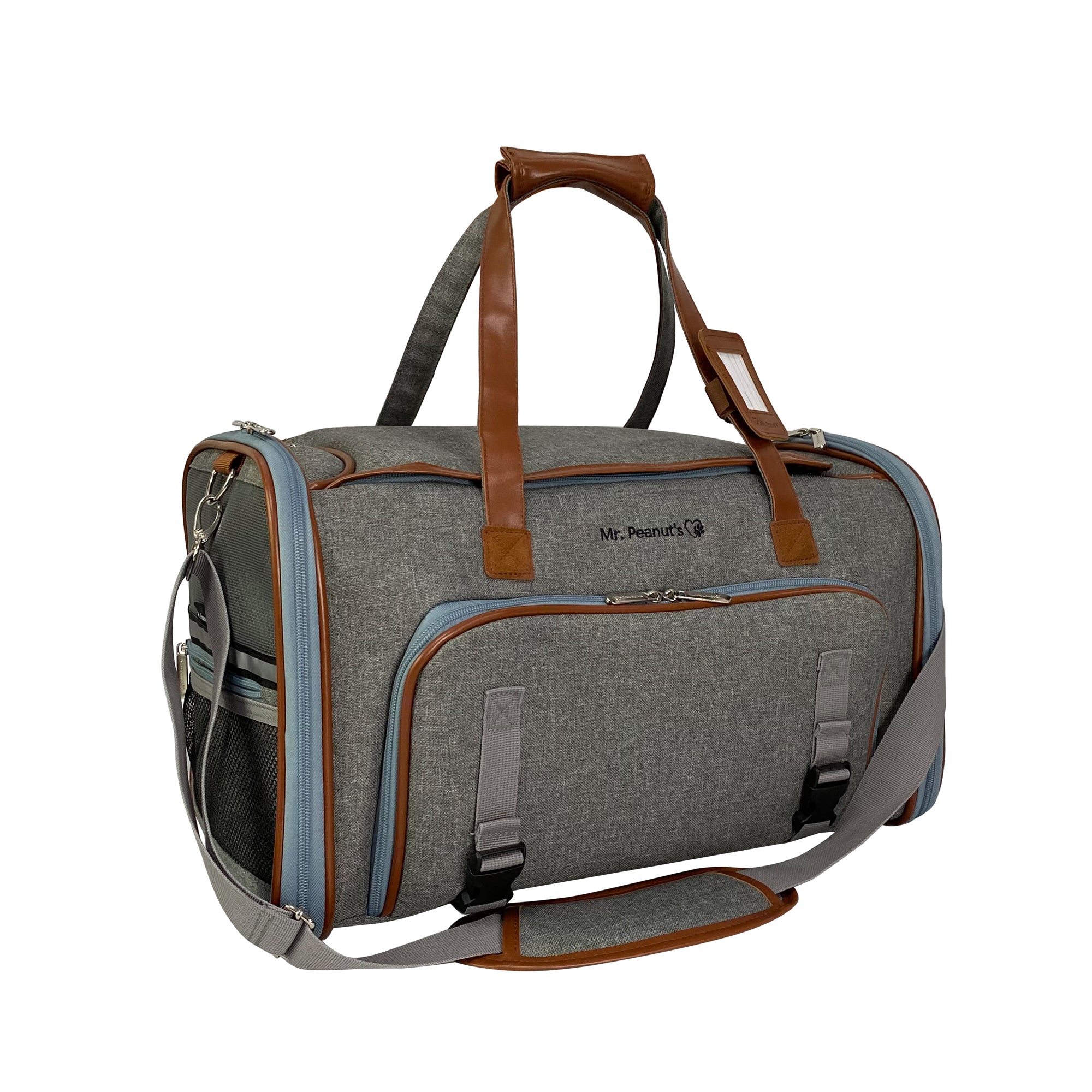 Gray duffel bag with brown straps on a white background