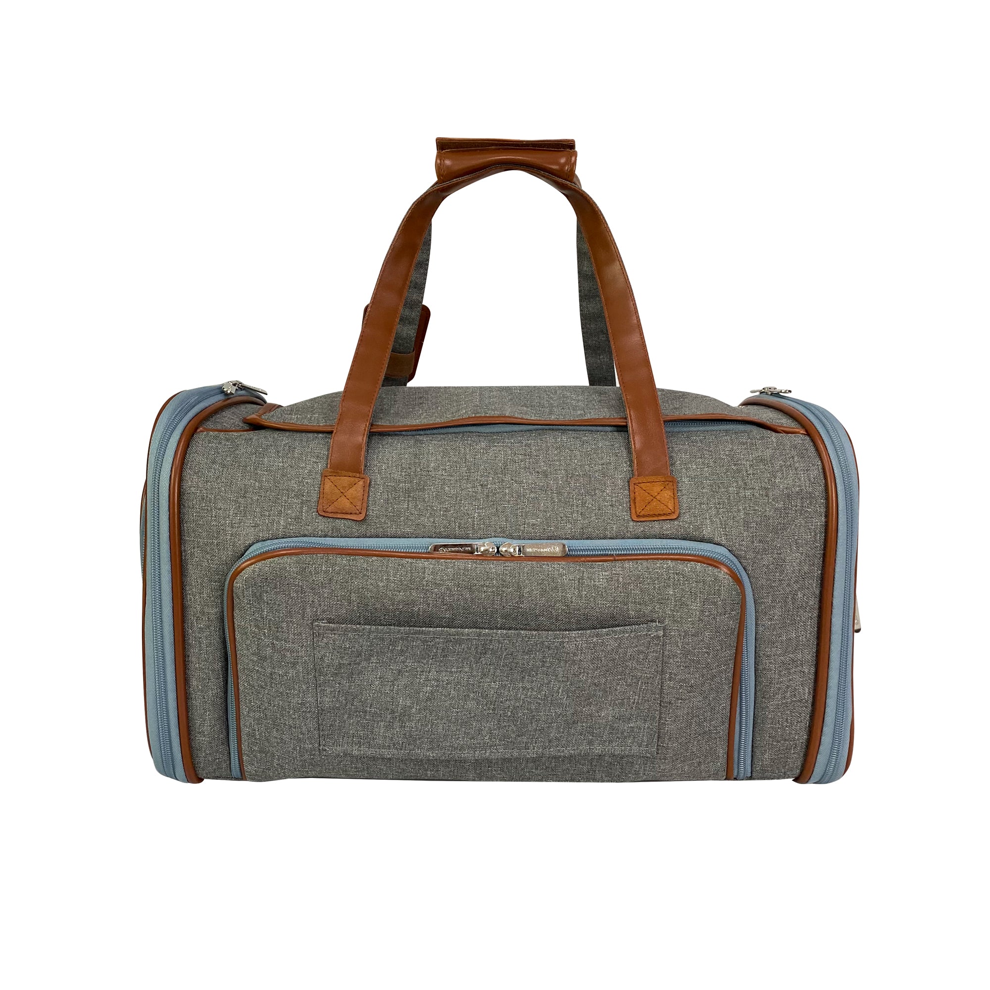 Gray duffel bag with brown leather straps on a white background