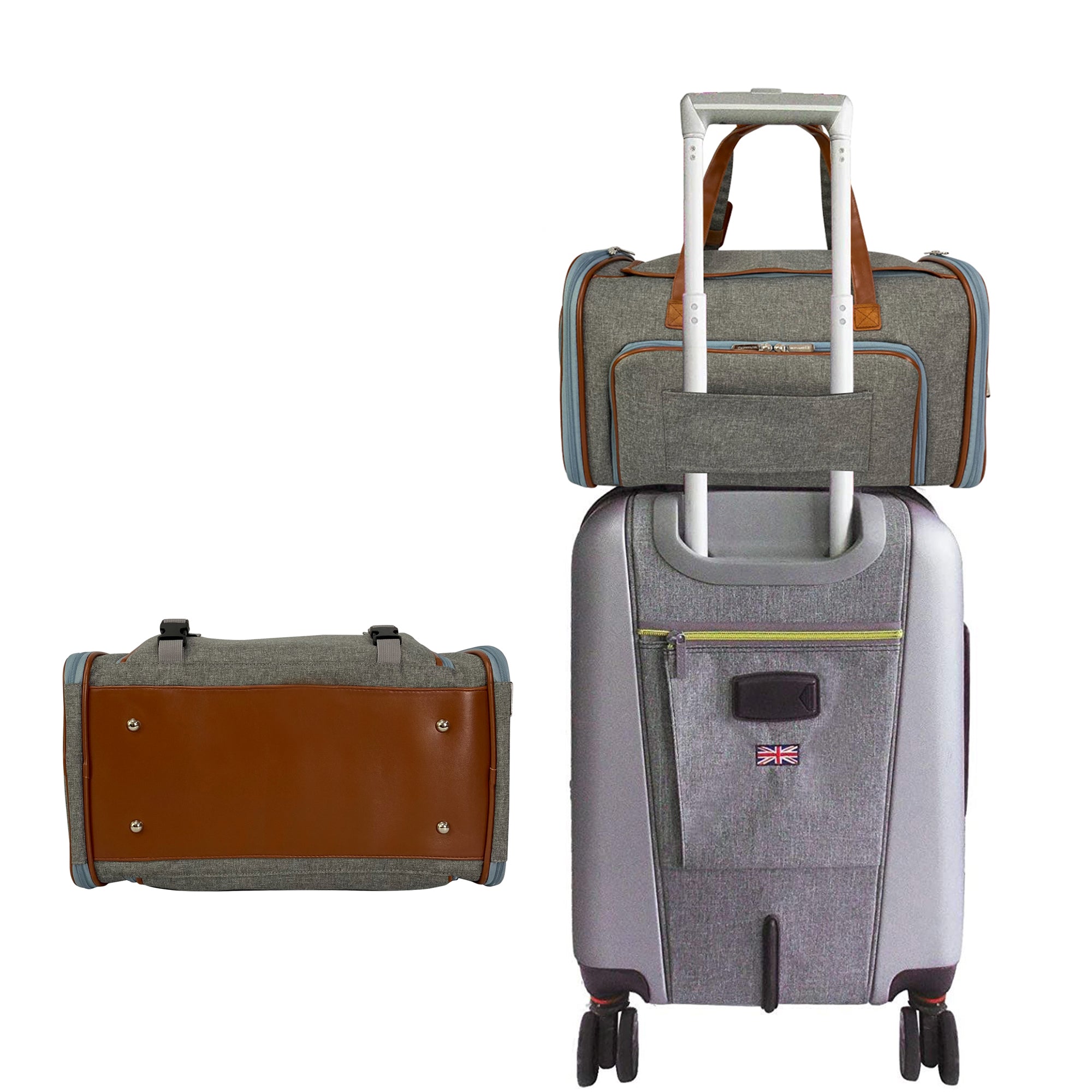 Set of gray suitcases with brown accents on a white background