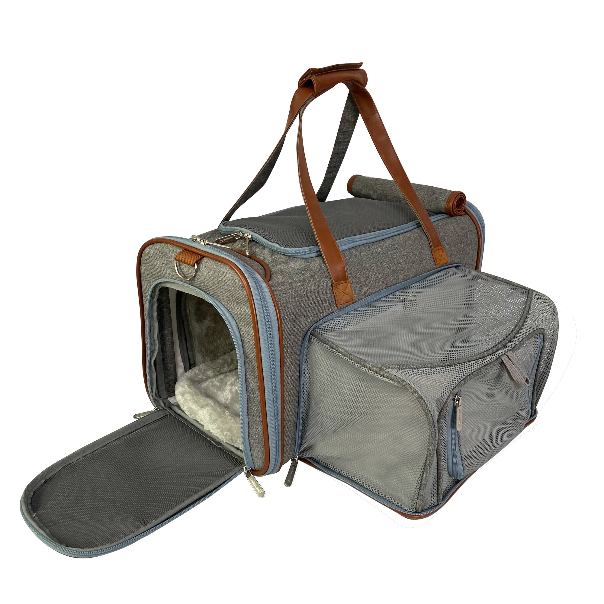 Pet carrier with brown handles on a white background