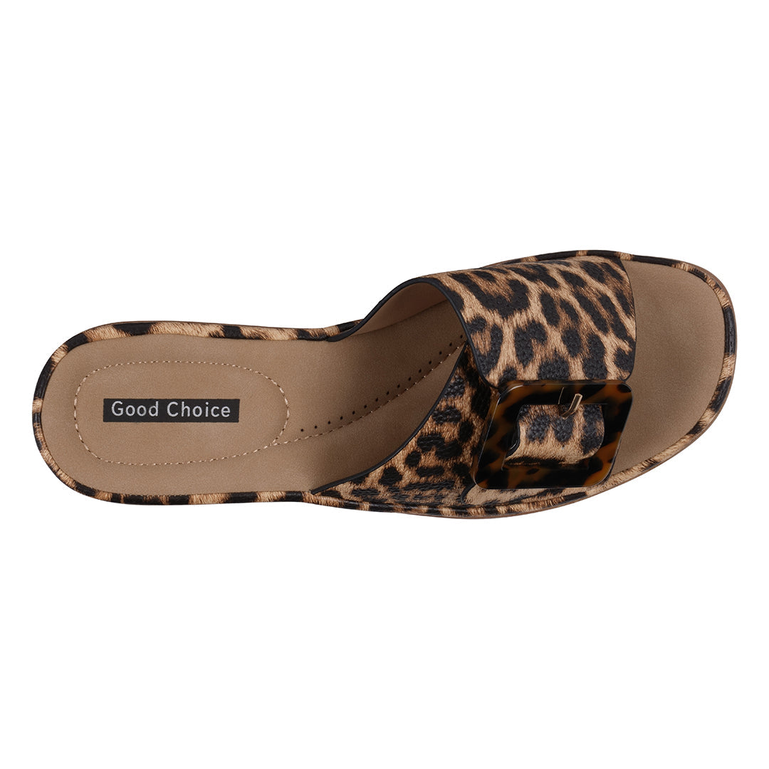 Leopard print sandal with 'Good Choice' label on a white background