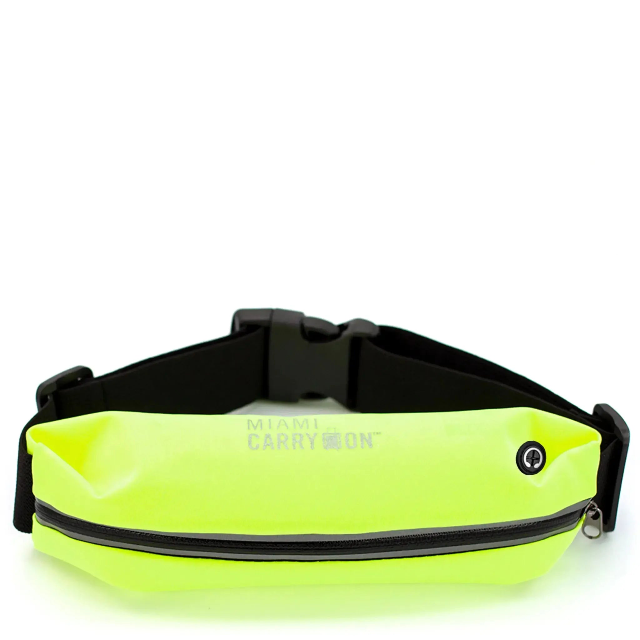 Neon yellow waist bag with black strap on a white background