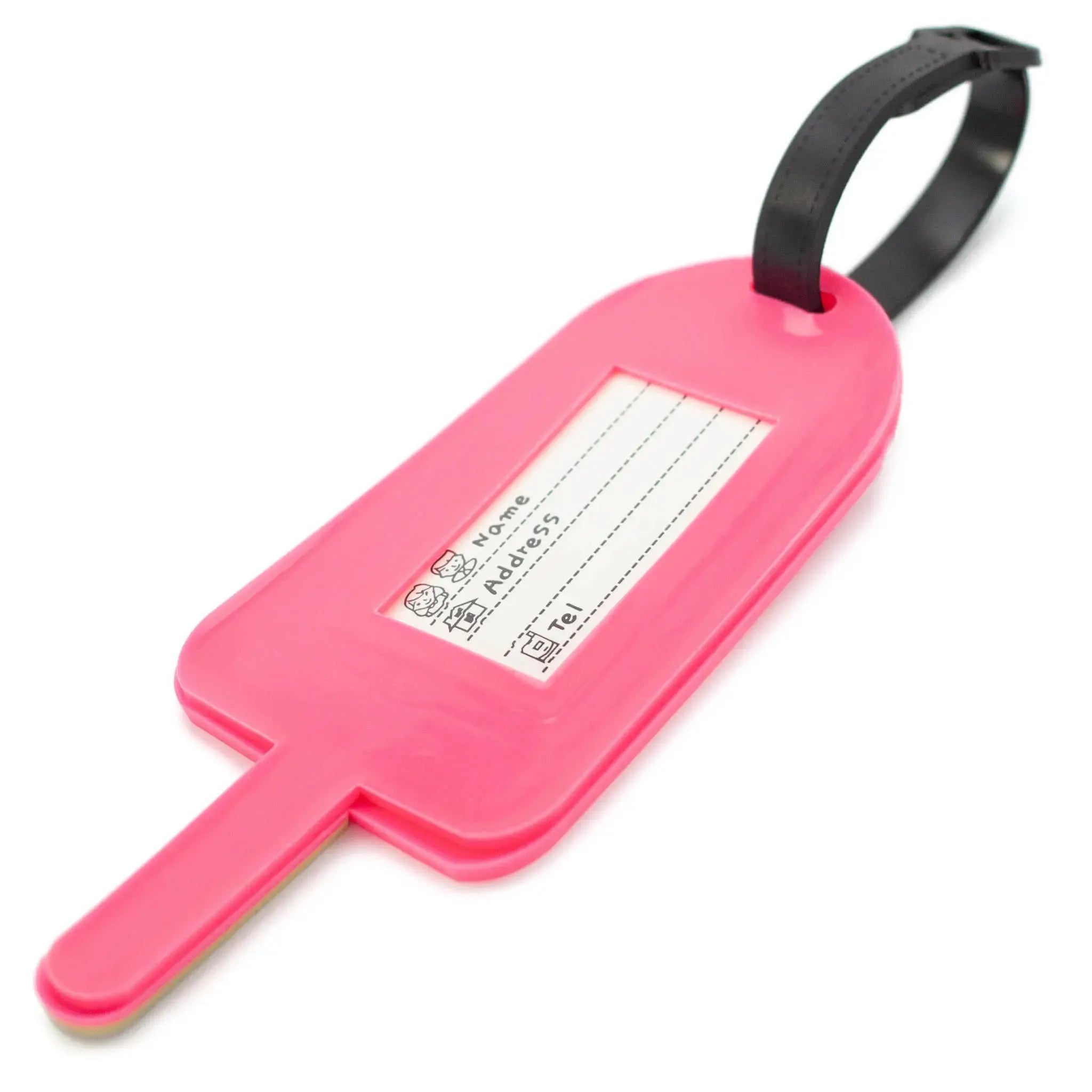 Pink luggage tag with a black handle on a white background