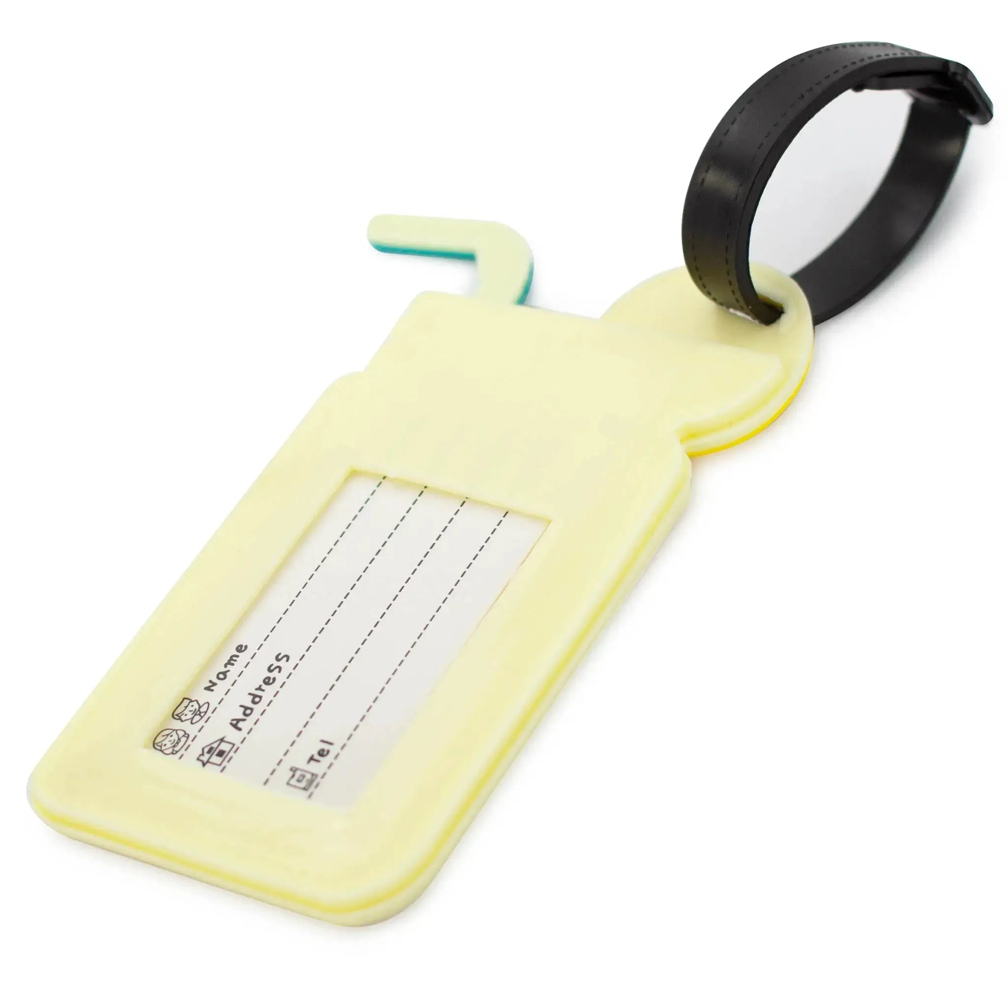 Yellow luggage tag with a black strap on a white background