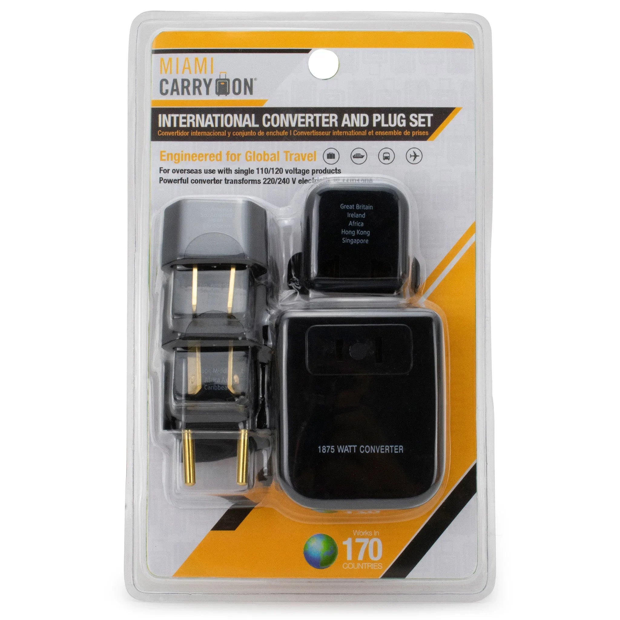 Miami CarryOn international converter and plug set packaging on a white background