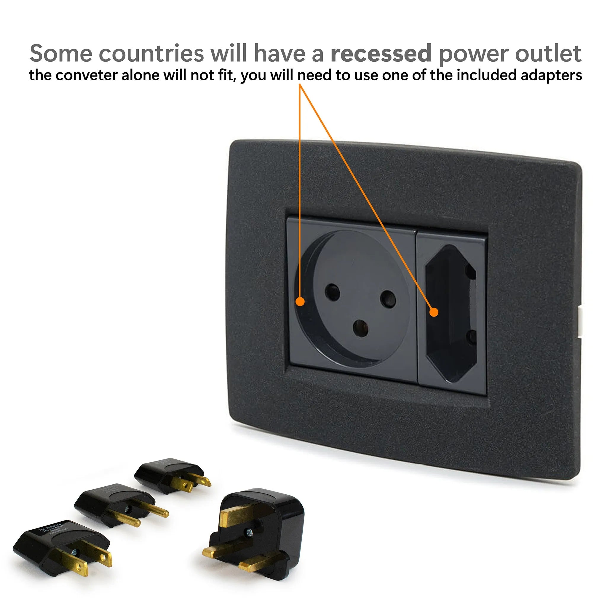 Black power outlet with included adapters on a white background