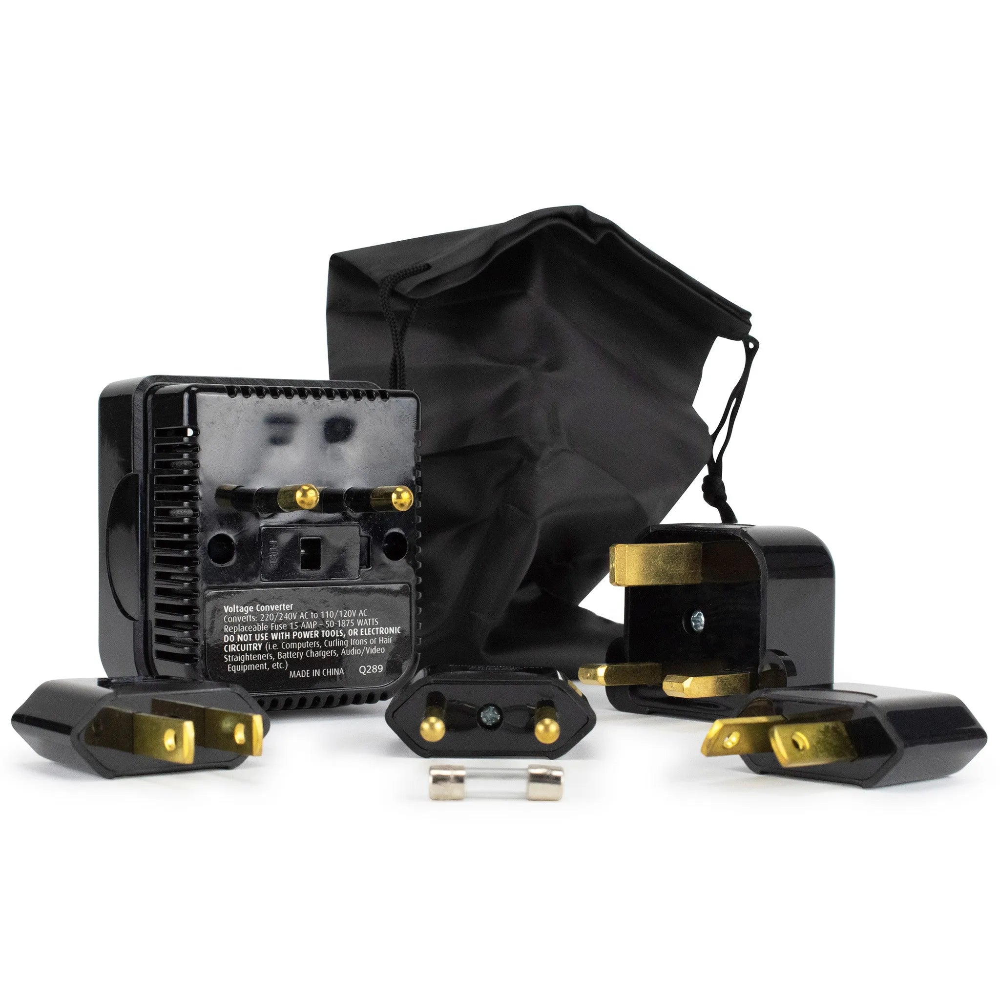 Black electronic components with gold accents on a white background