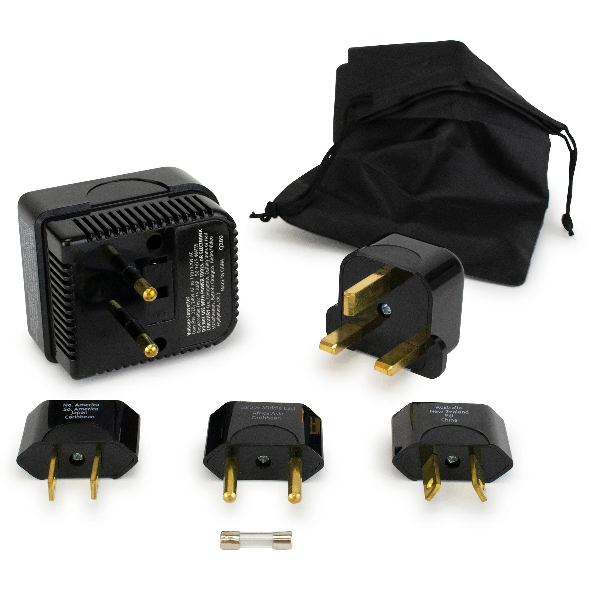 Set of black travel adapters with a carrying case on a white background