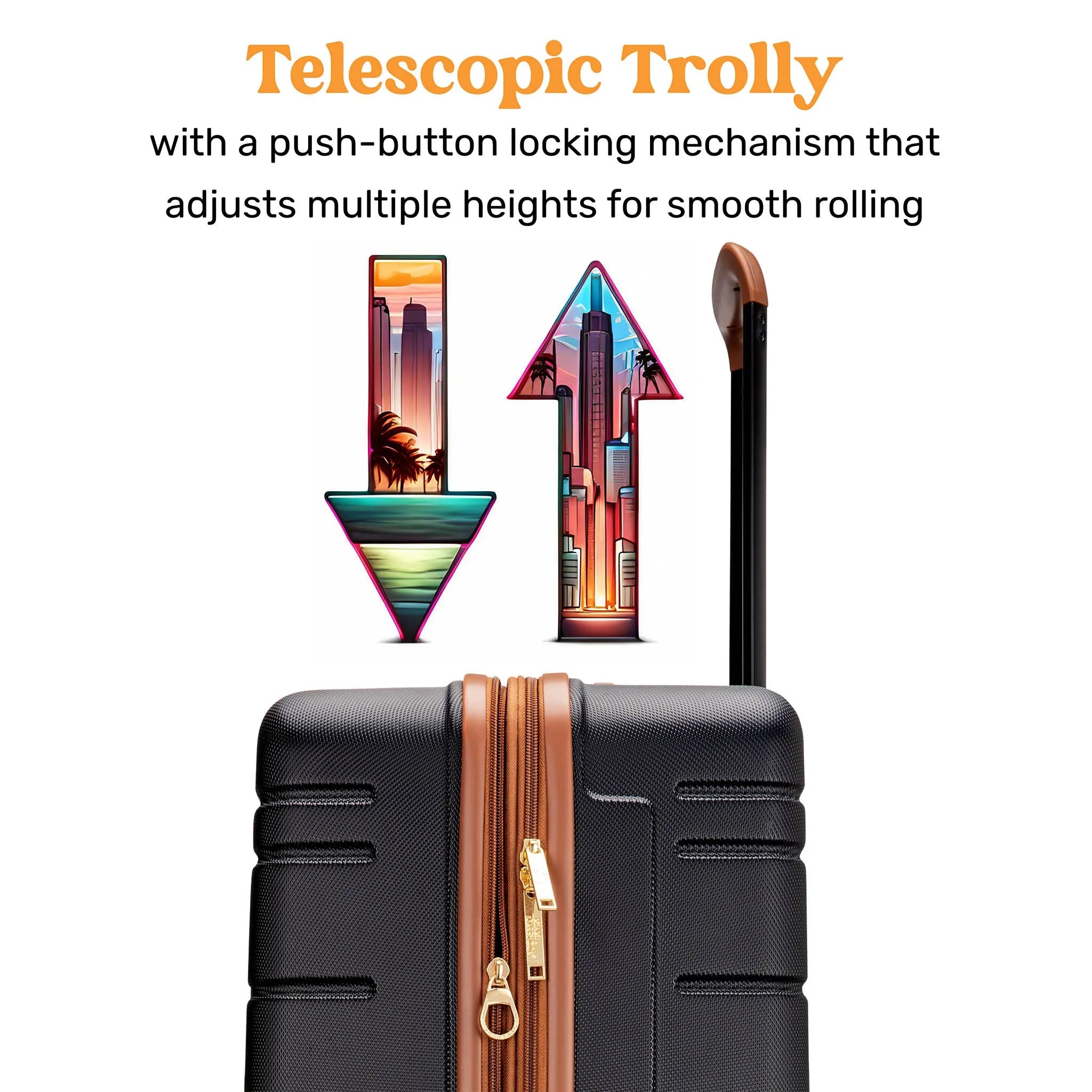 Telescopic trolley with push-button locking mechanism on a white background