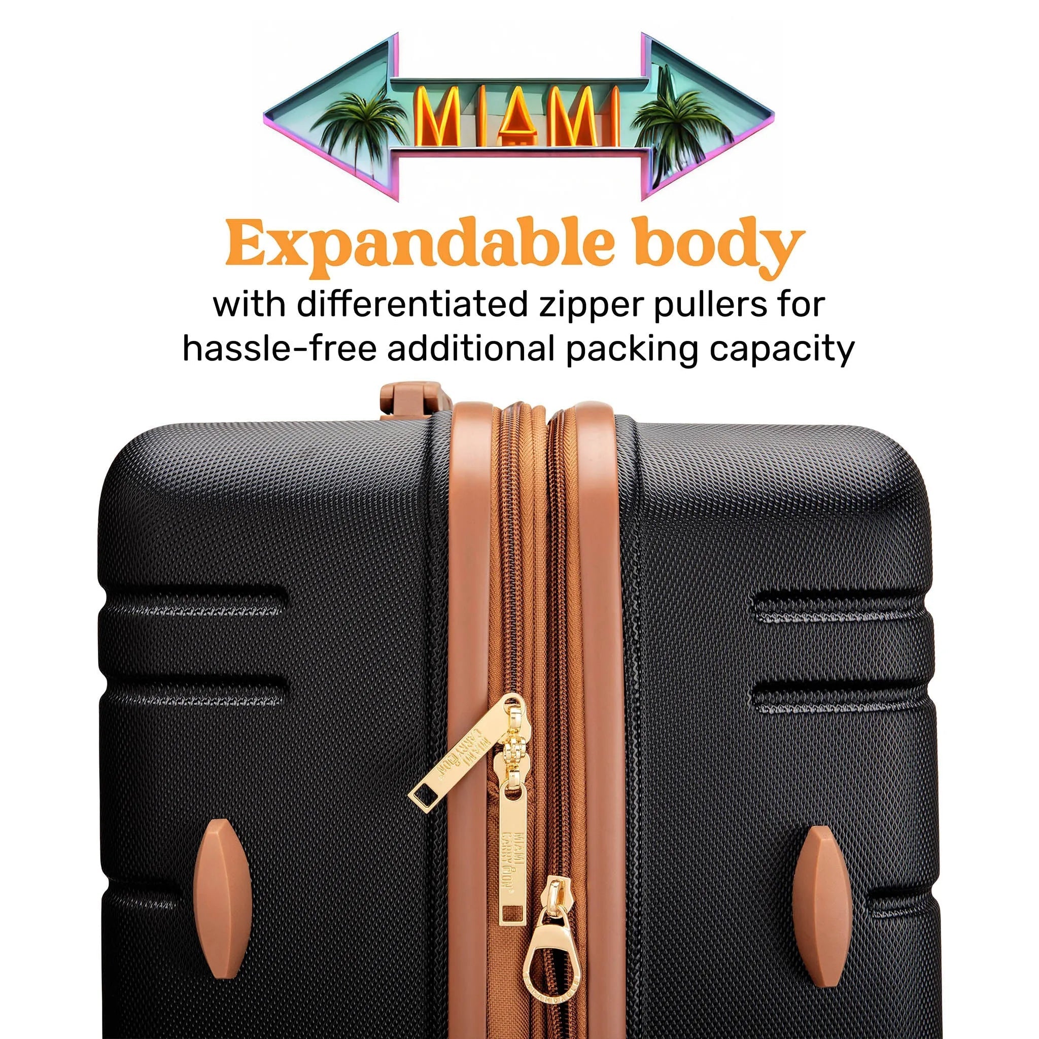 Black suitcase with brown zippers and handles, featuring text about an expandable body and zipper pullers.