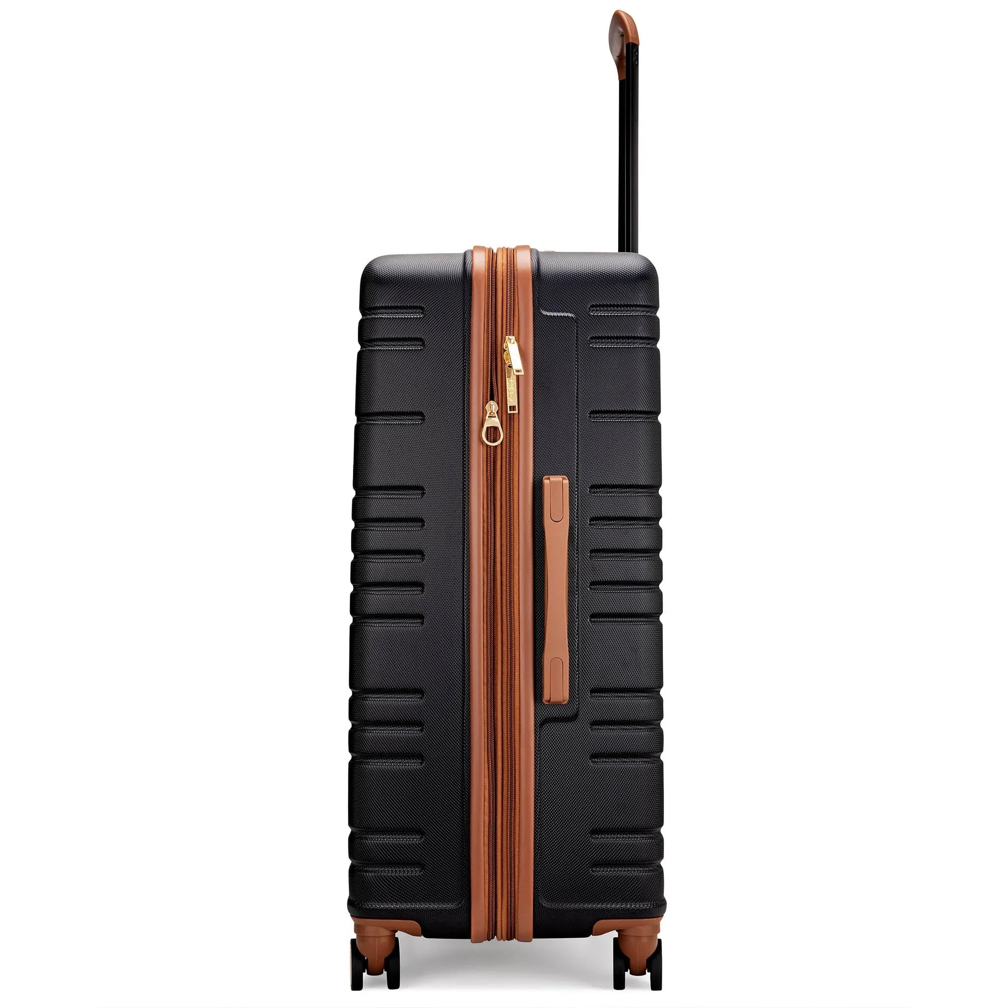 Black suitcase with brown accents on a white background