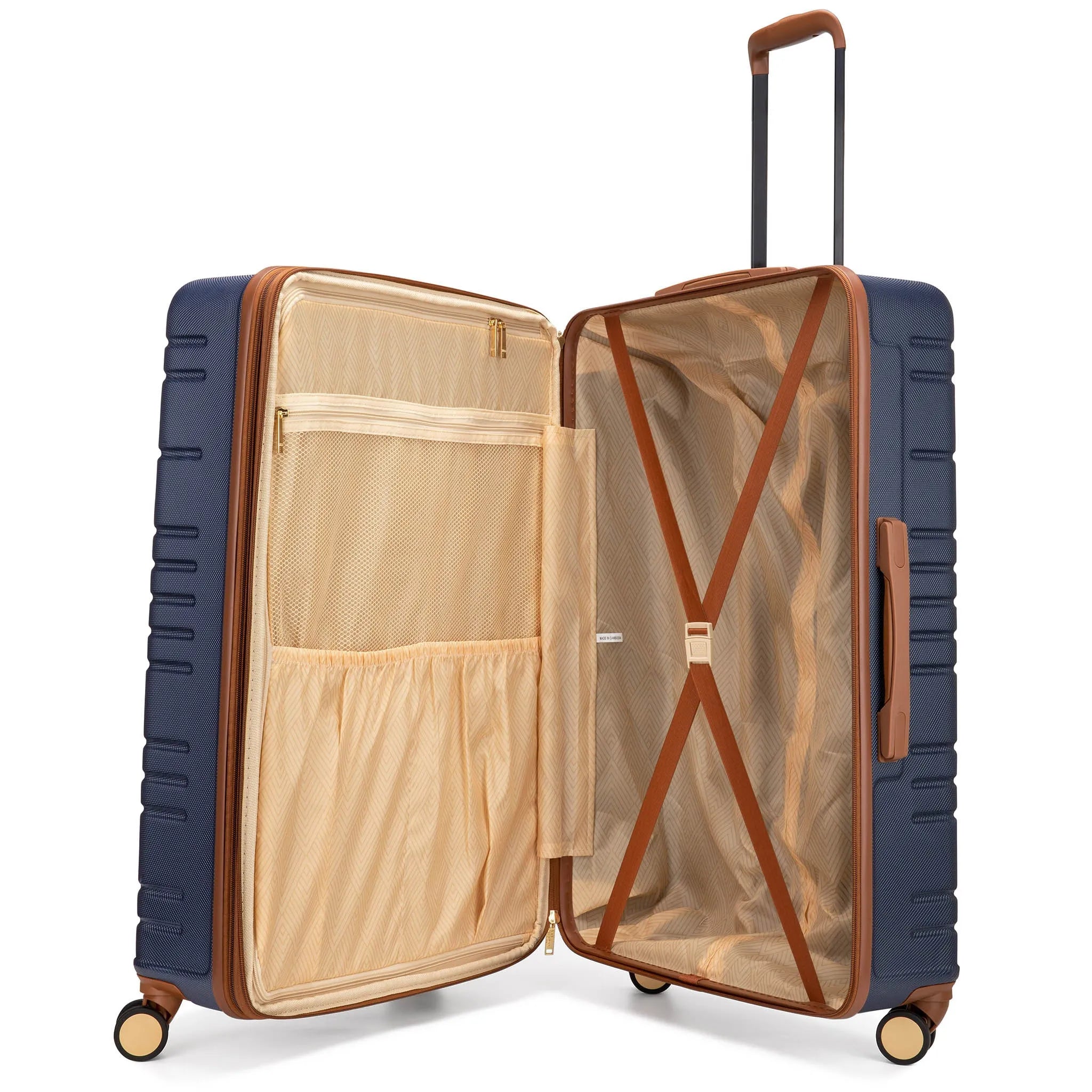 Open navy blue suitcase with brown interior on a white background