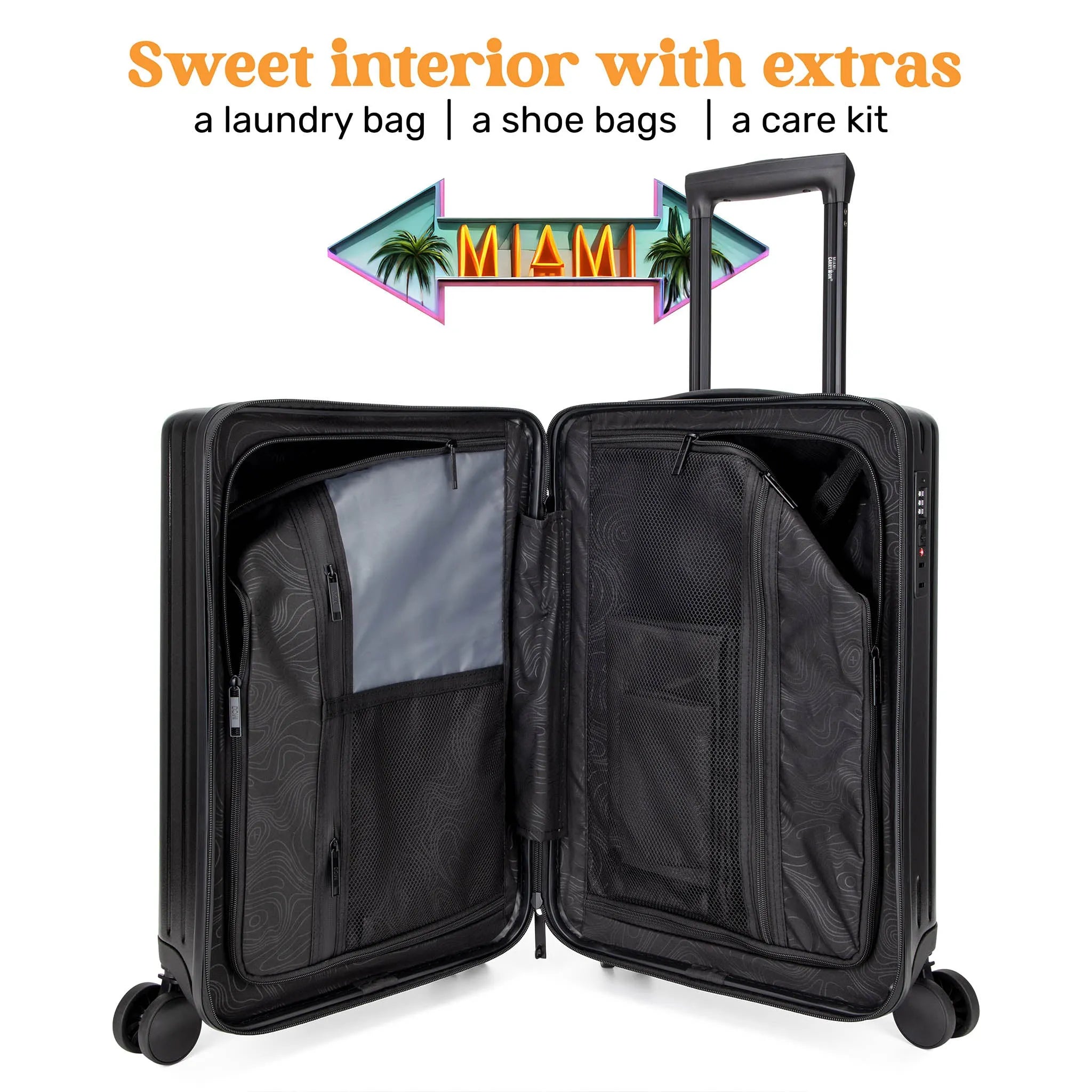 Black open suitcase with text about accessories and a 'Miami' sign in the background