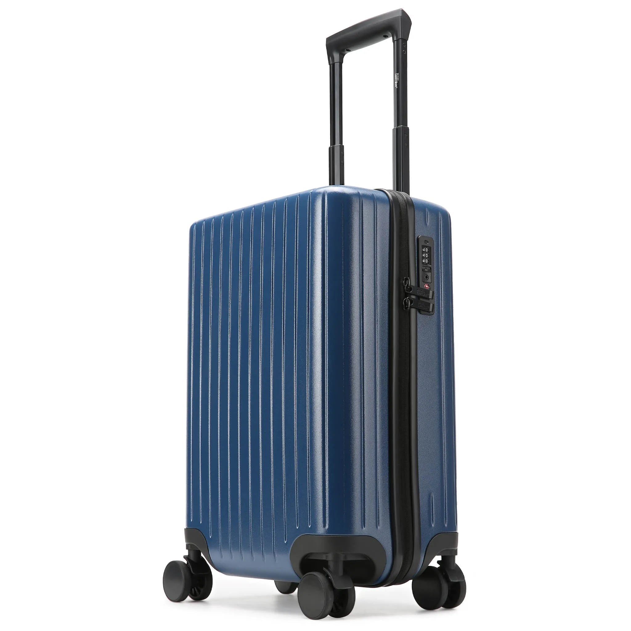 Blue suitcase with black handle and wheels on a white background