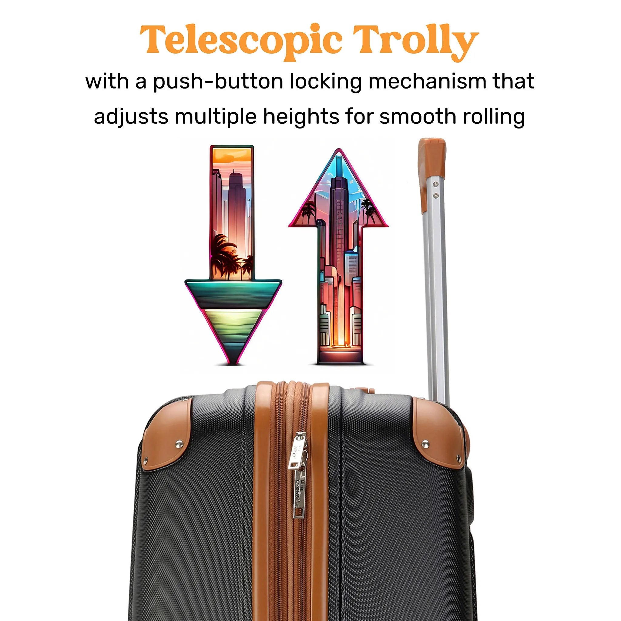 Telescopic trolley with push-button locking mechanism on a white background