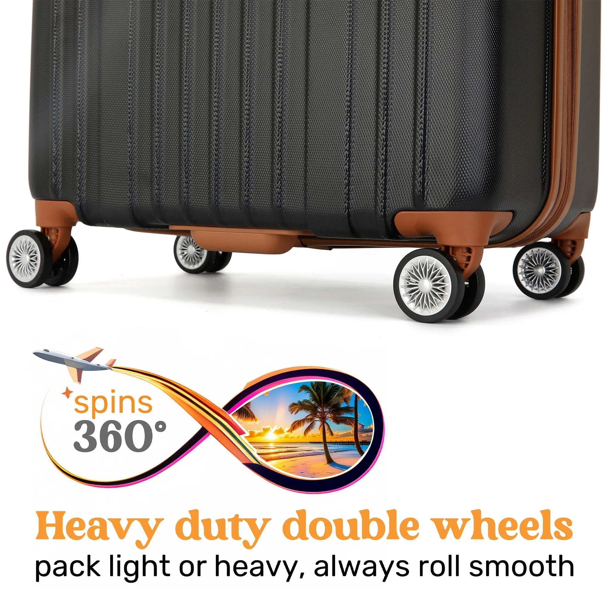 Black suitcase with brown accents and 360-degree wheel feature on a white background