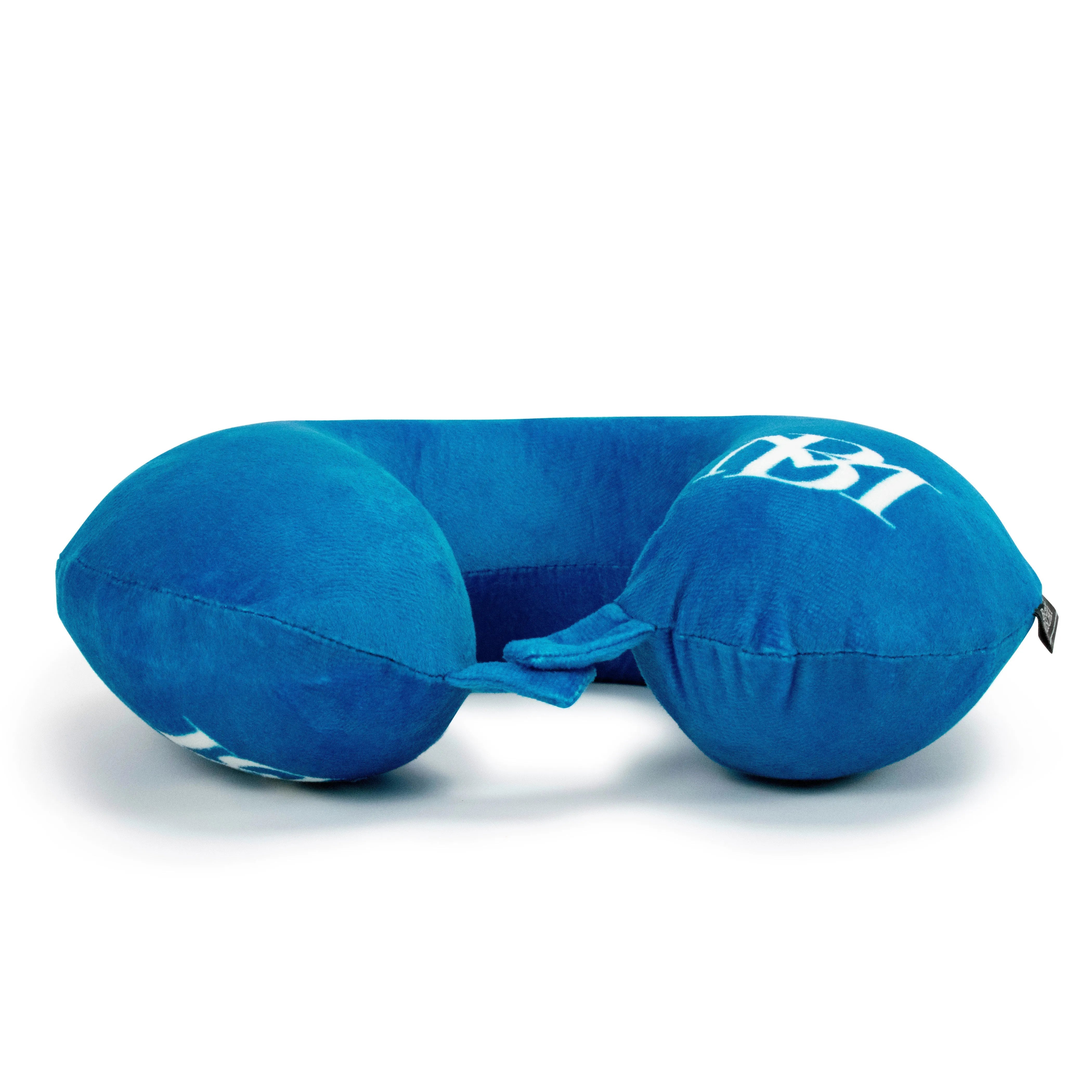 Blue travel neck pillow with 'K&J' branding on a white background