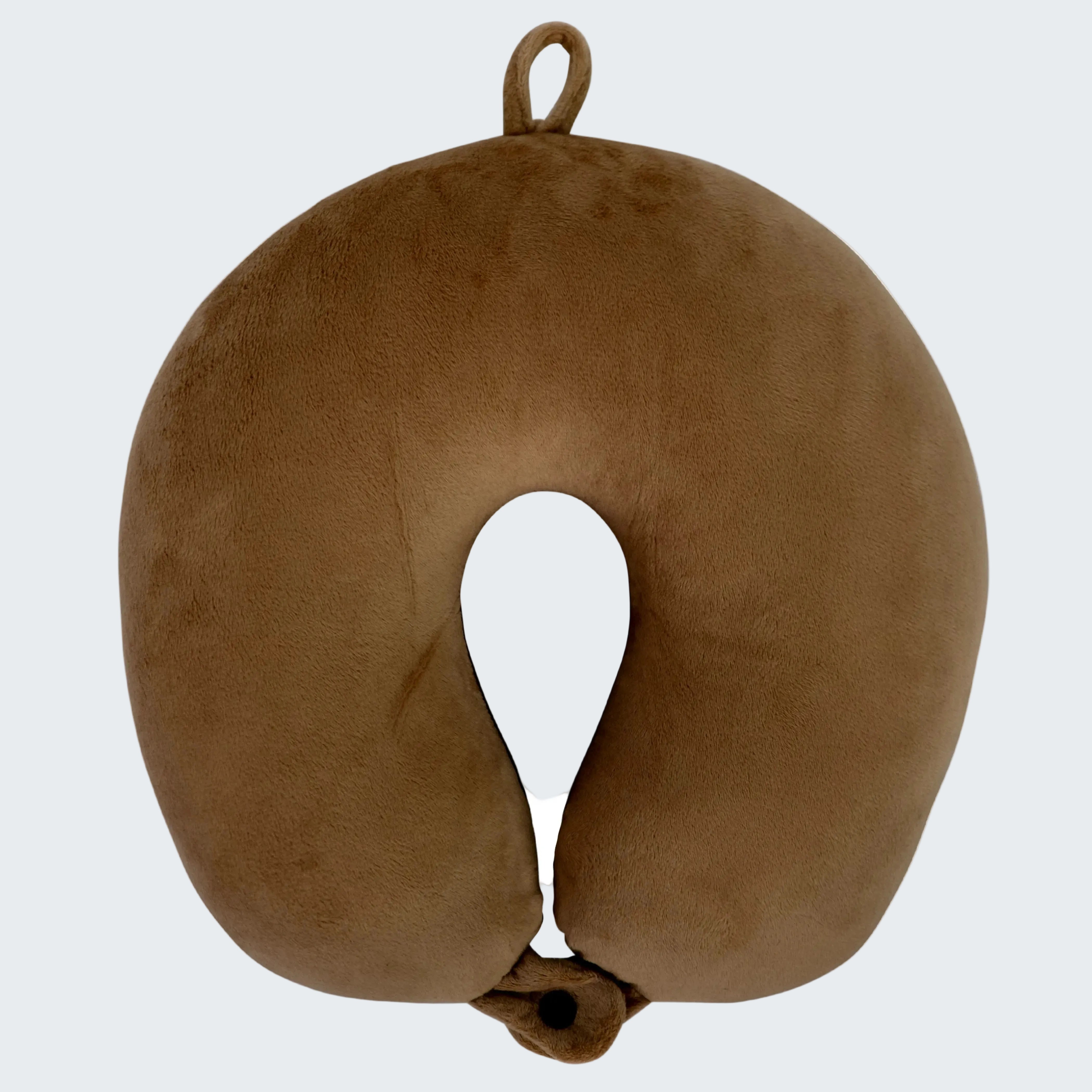 Brown U-shaped travel neck pillow on a white background