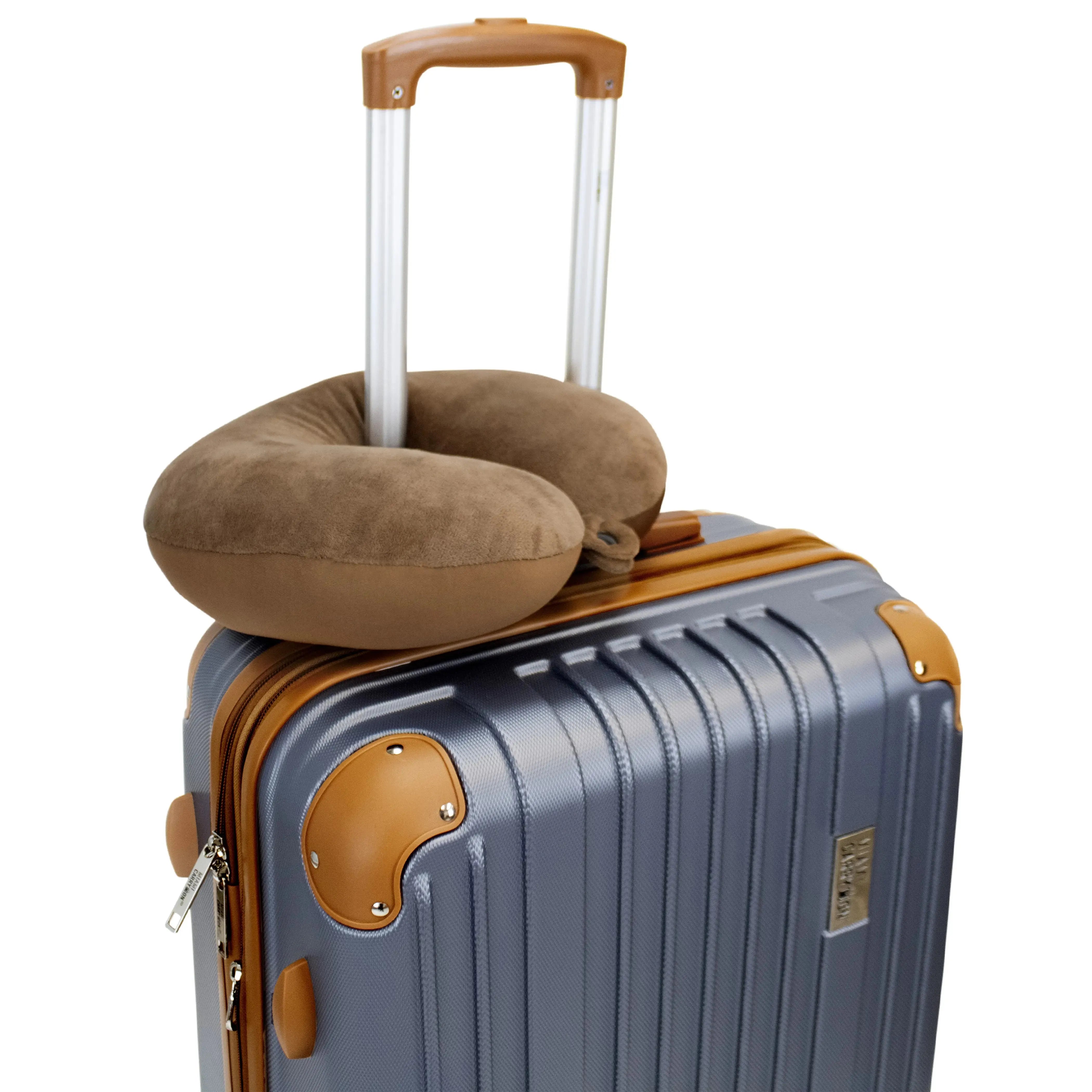 Brown neck pillow on a gray suitcase with brown accents on a white background