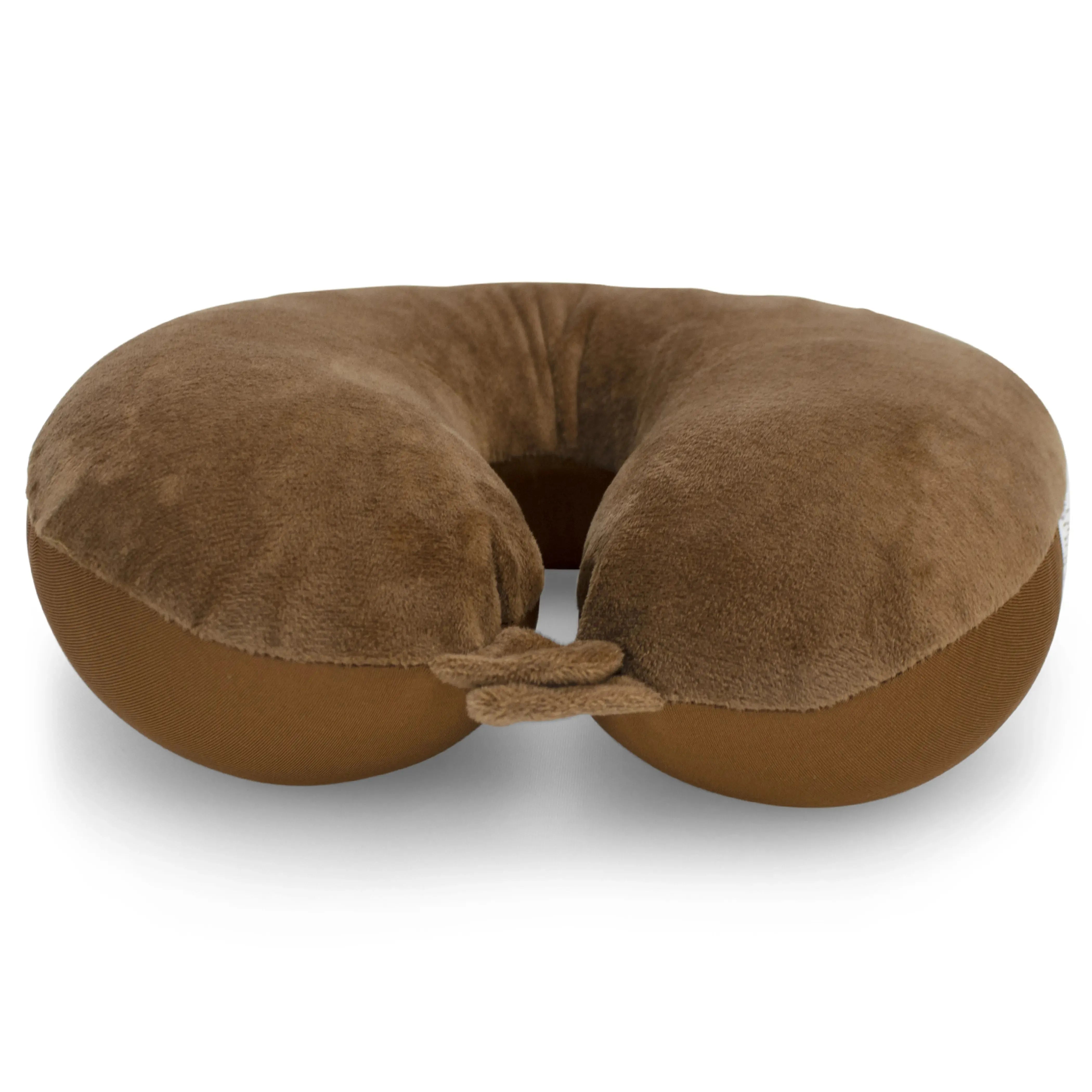 Brown U-shaped travel pillow on a white background