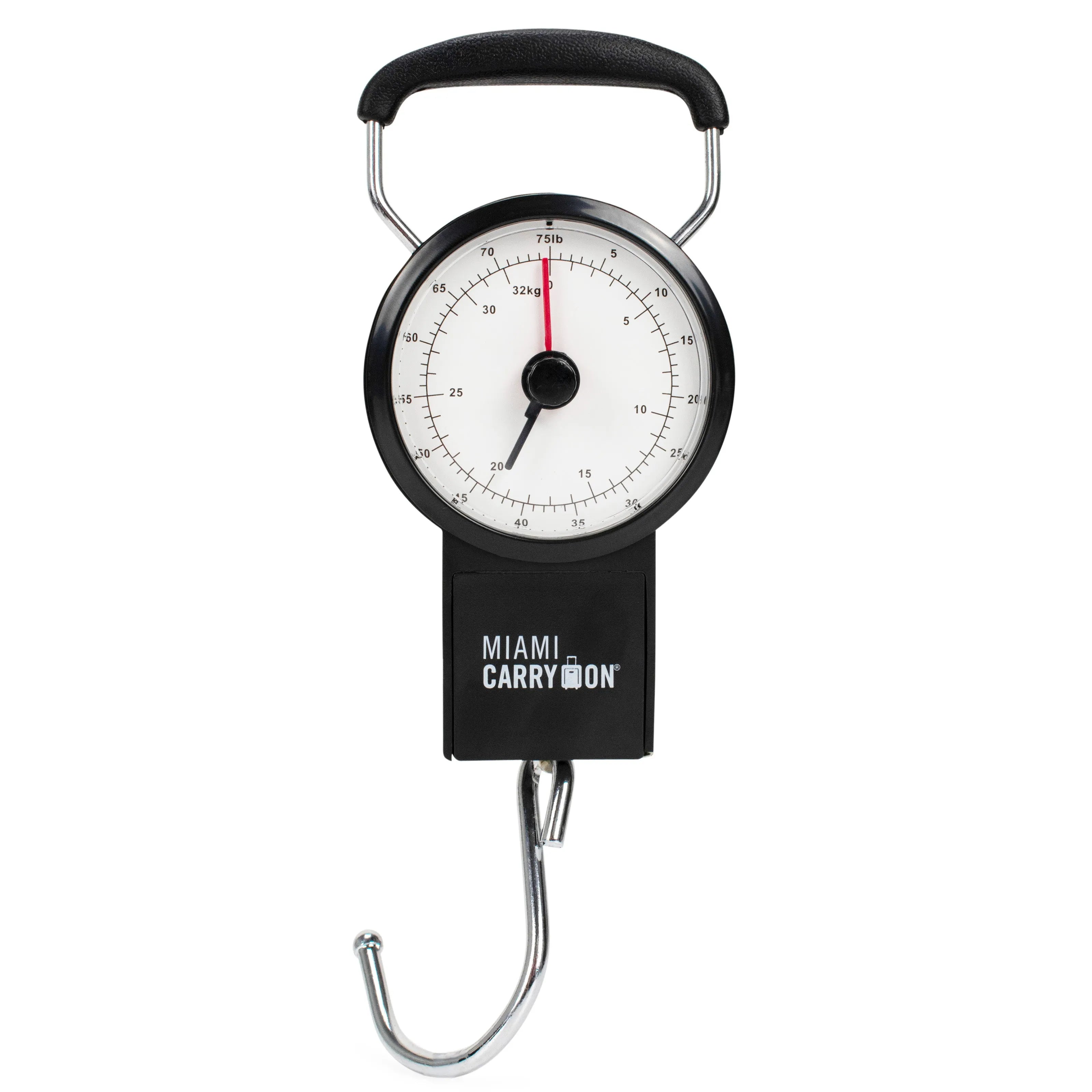 Dial scale with a black handle and white face, branded 'Miami Carry-On', on a white background.