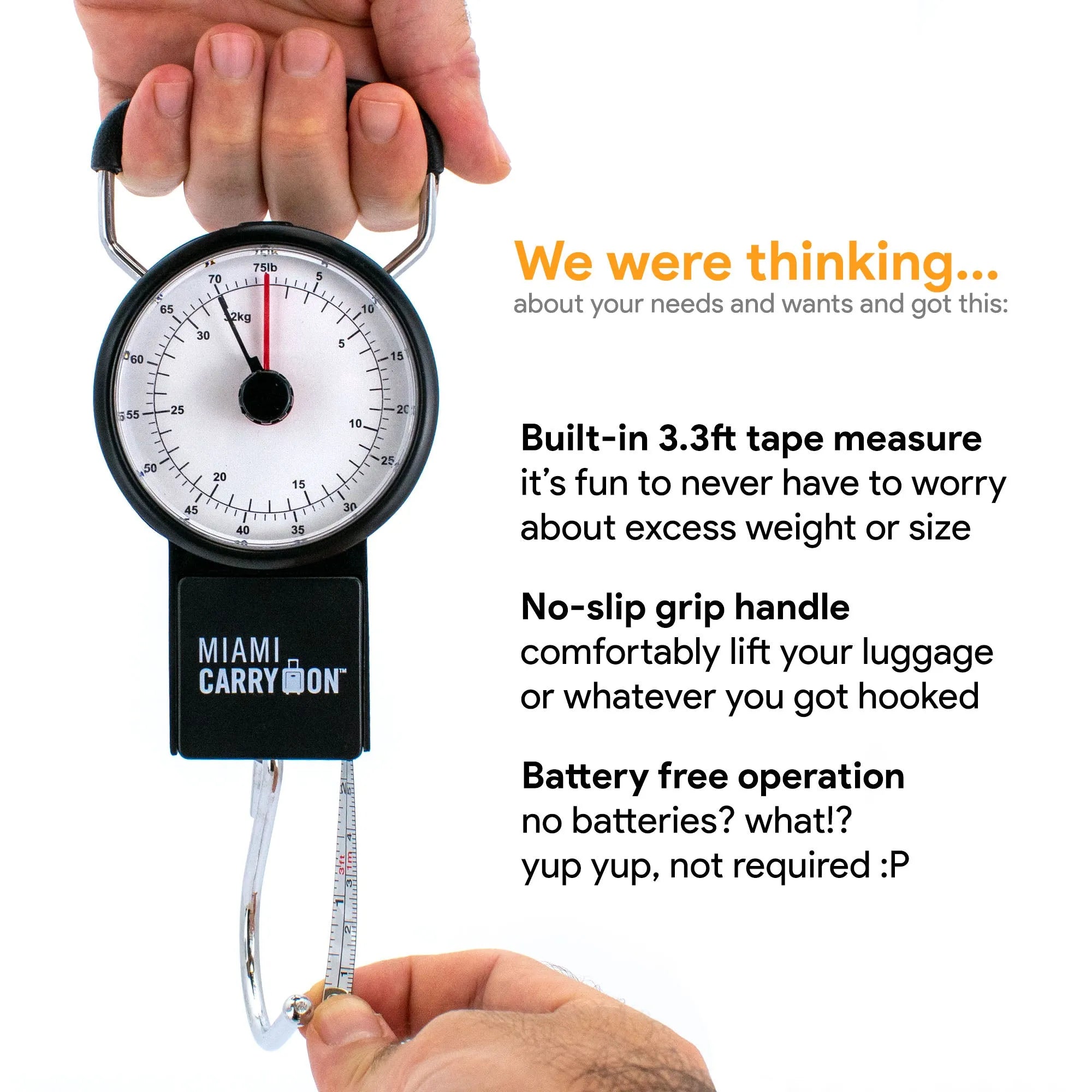 Hand holding a luggage weight scale with text about its features on a white background