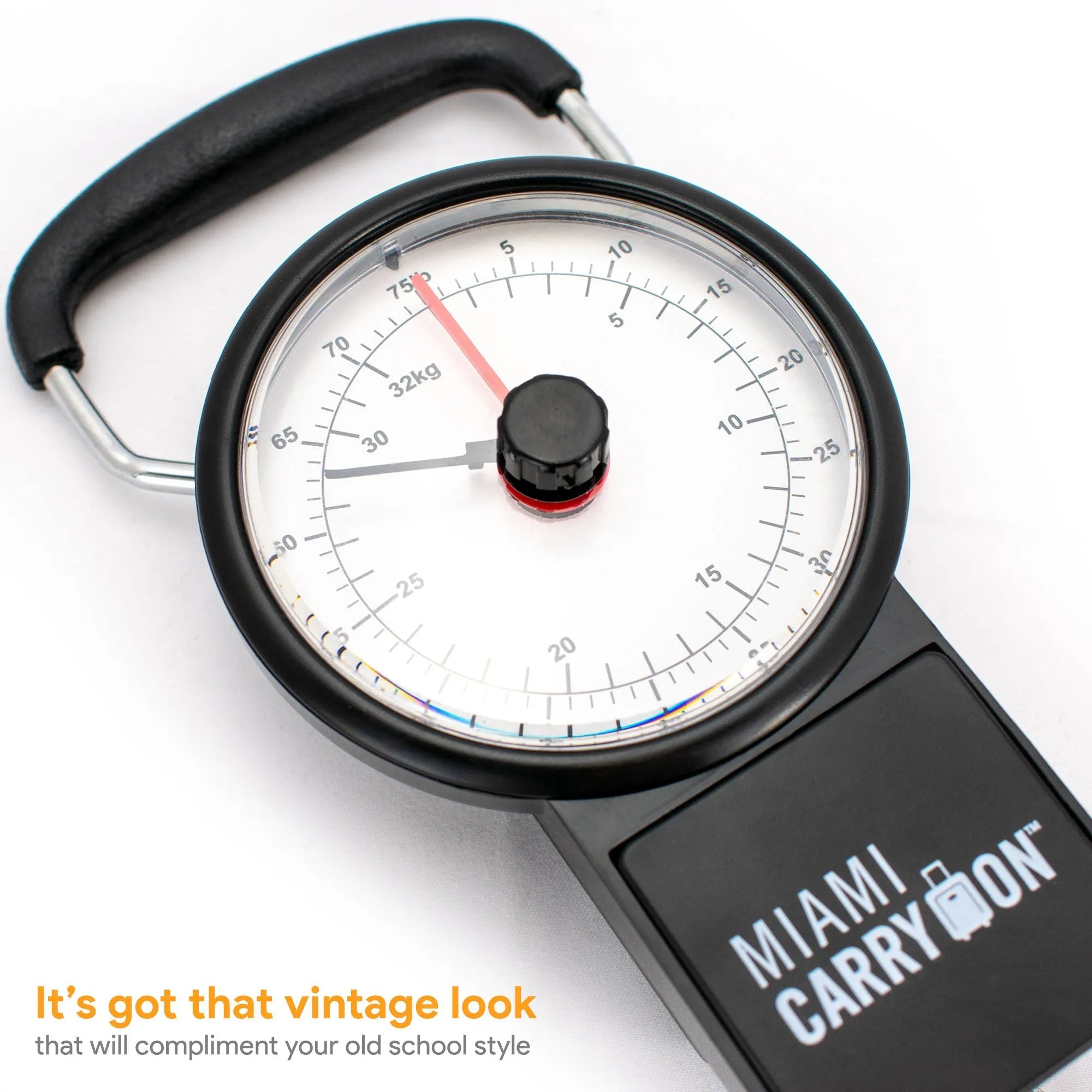 Black analog luggage scale with 'Miami Carry On' branding on a white background