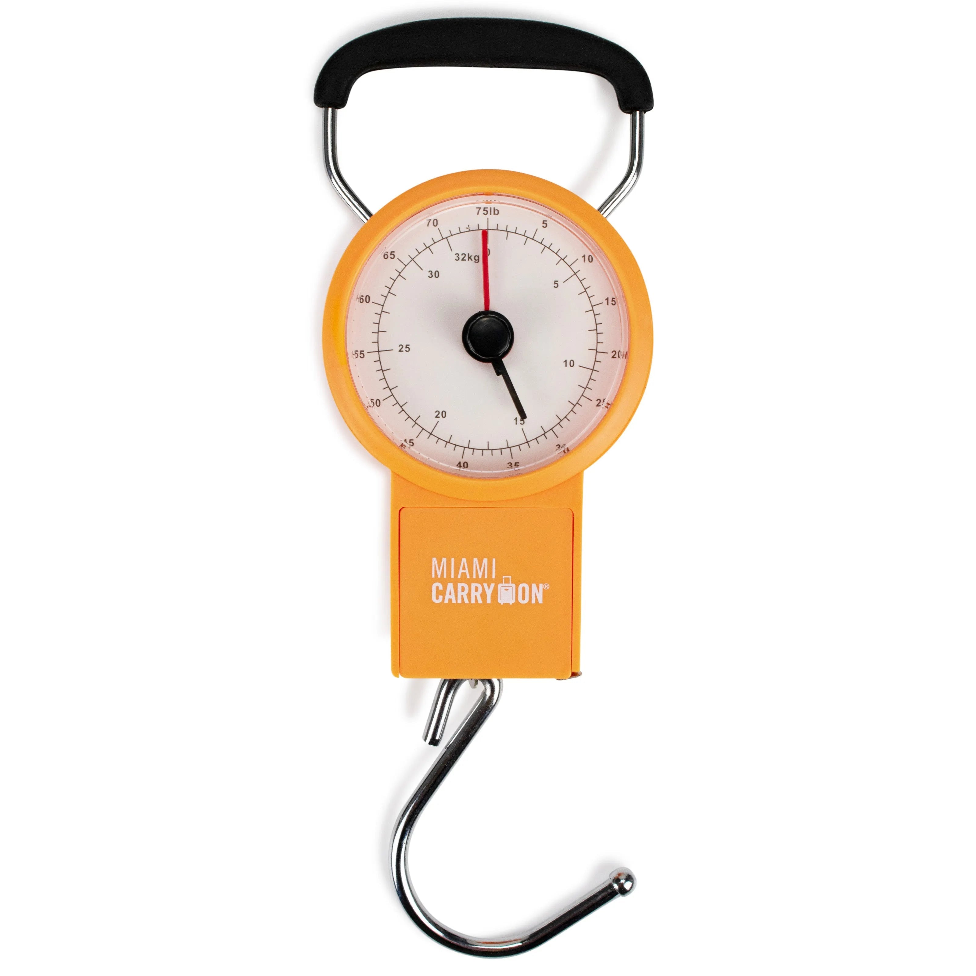 Orange hanging scale with a hook on a white background