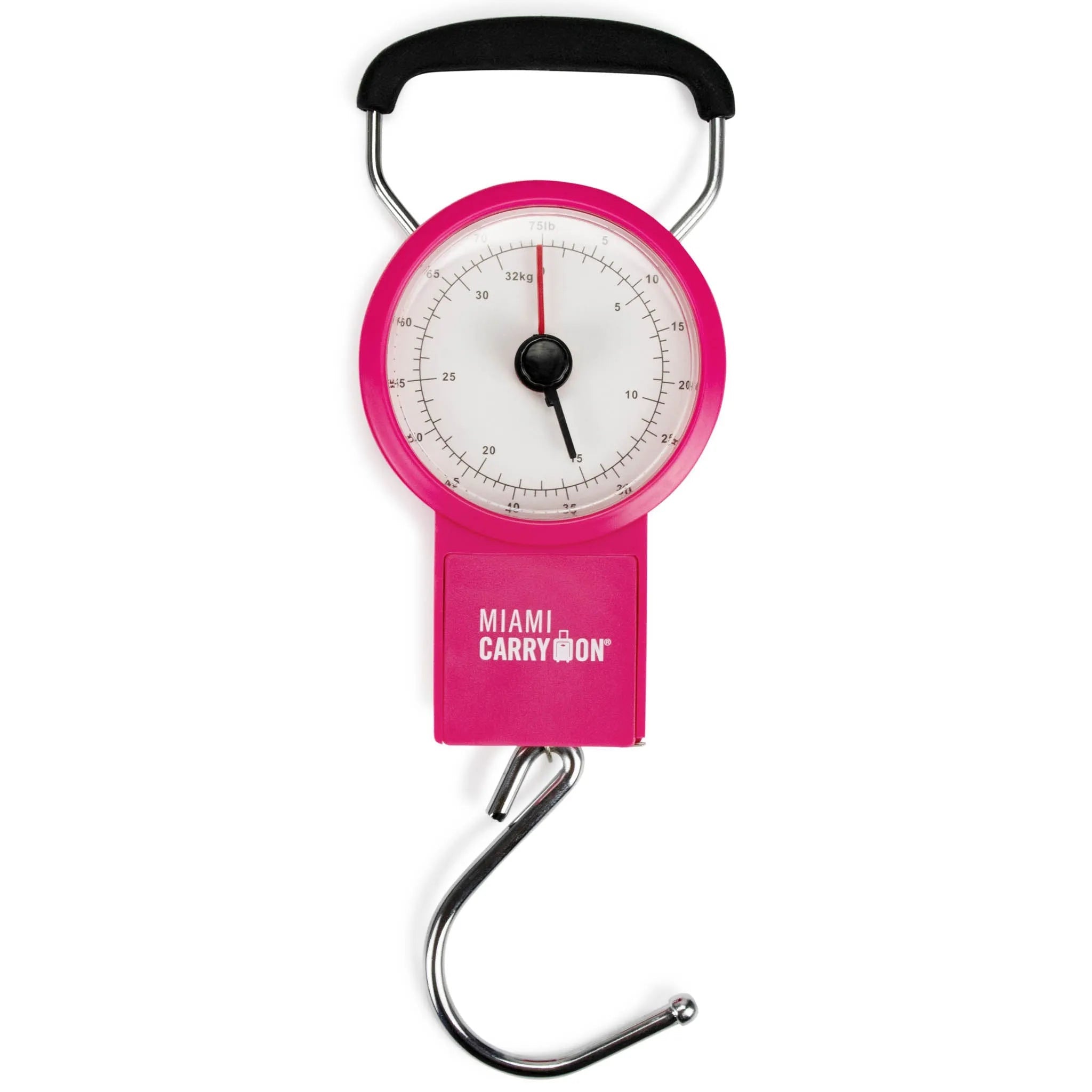Pink handheld scale with a white dial on a white background
