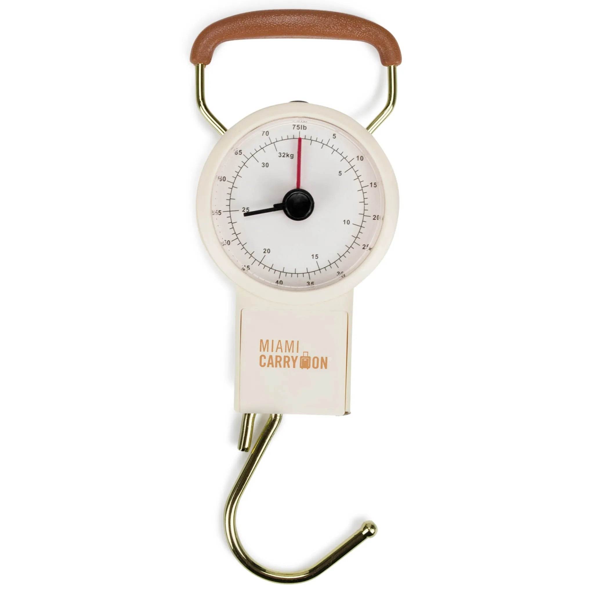Dial scale with a brown handle and gold hook on a white background, branded 'Miami Carry On'.