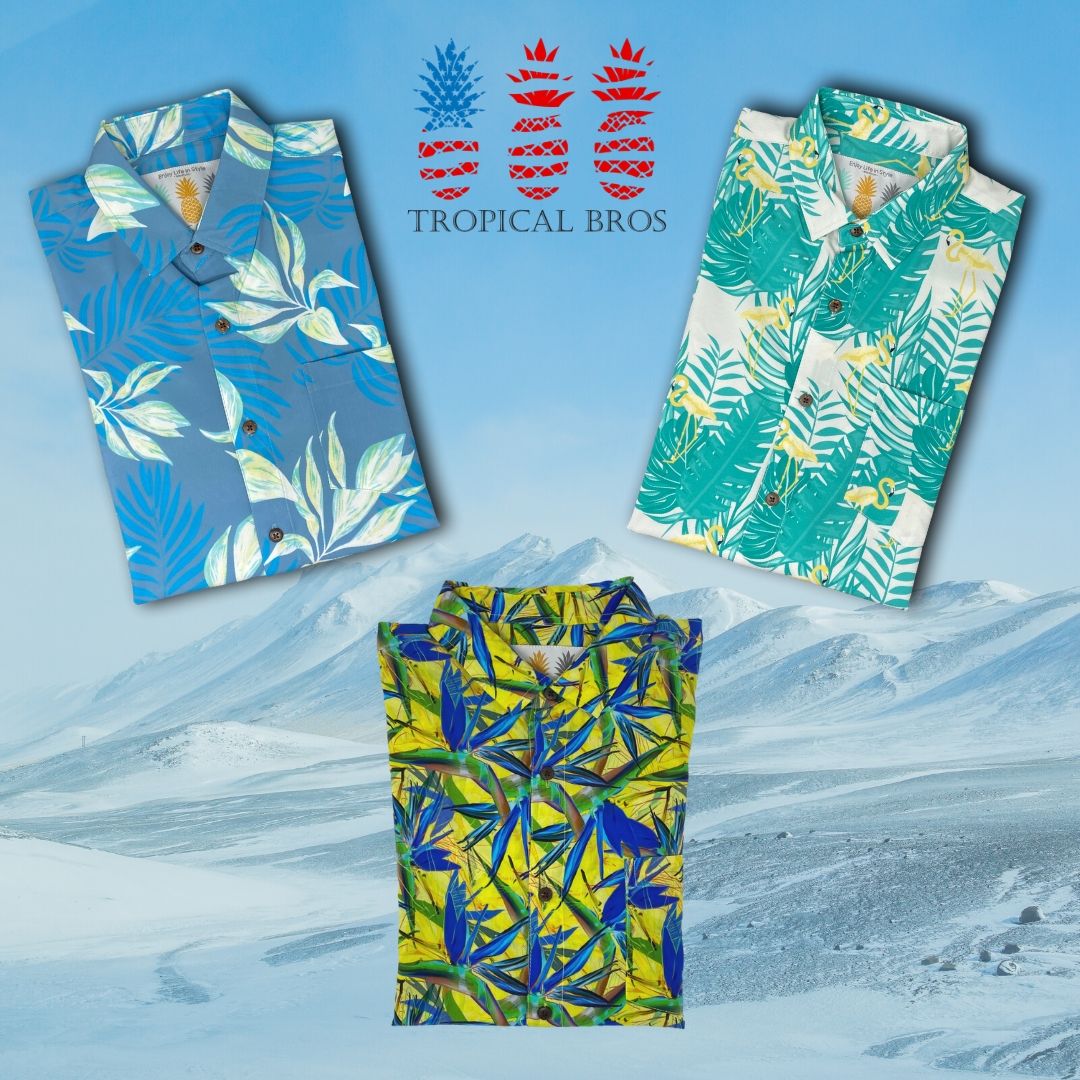 Three tropical patterned shirts displayed against a blue background with 'Tropical Bros' branding.