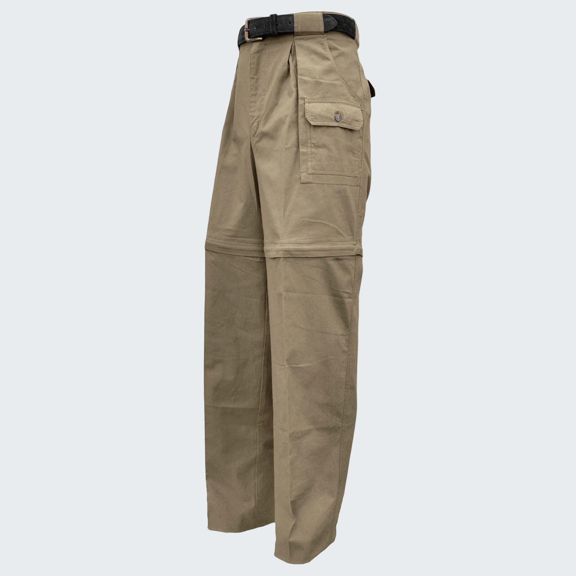 Khaki pants with a belt on a white background