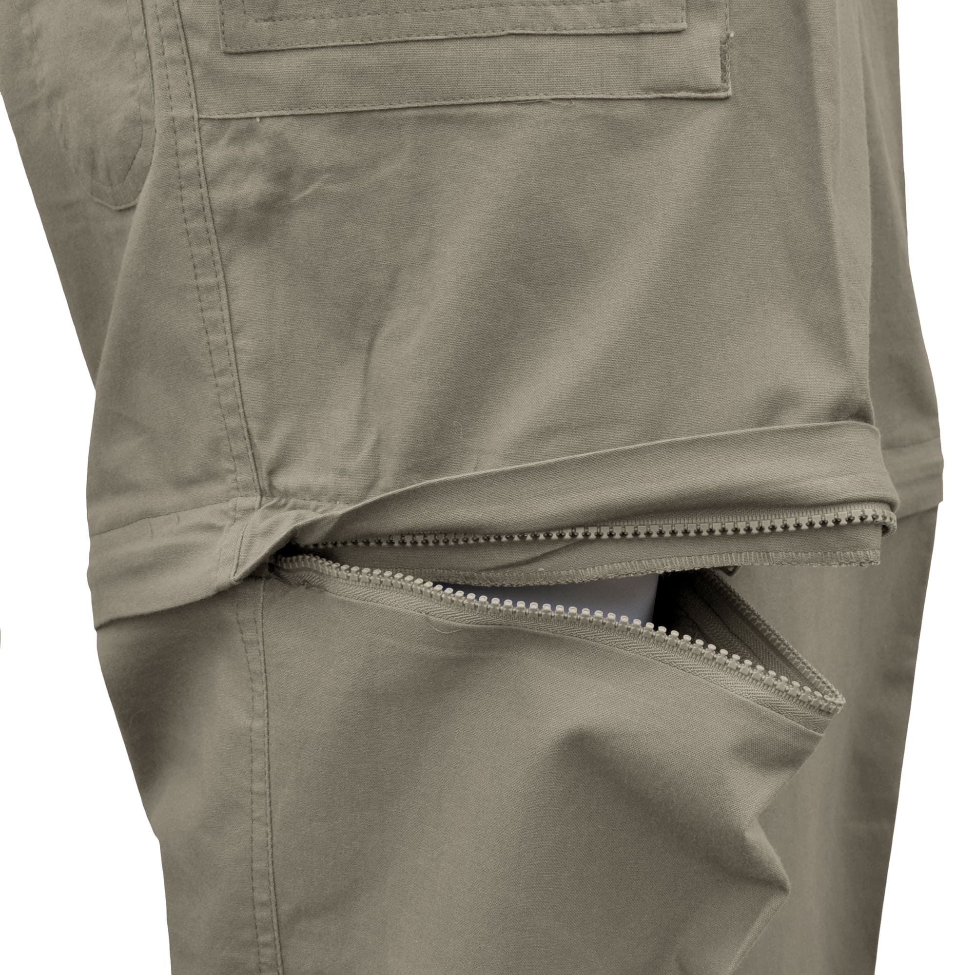 Close-up of a beige pants with a zipper pocket on a white background