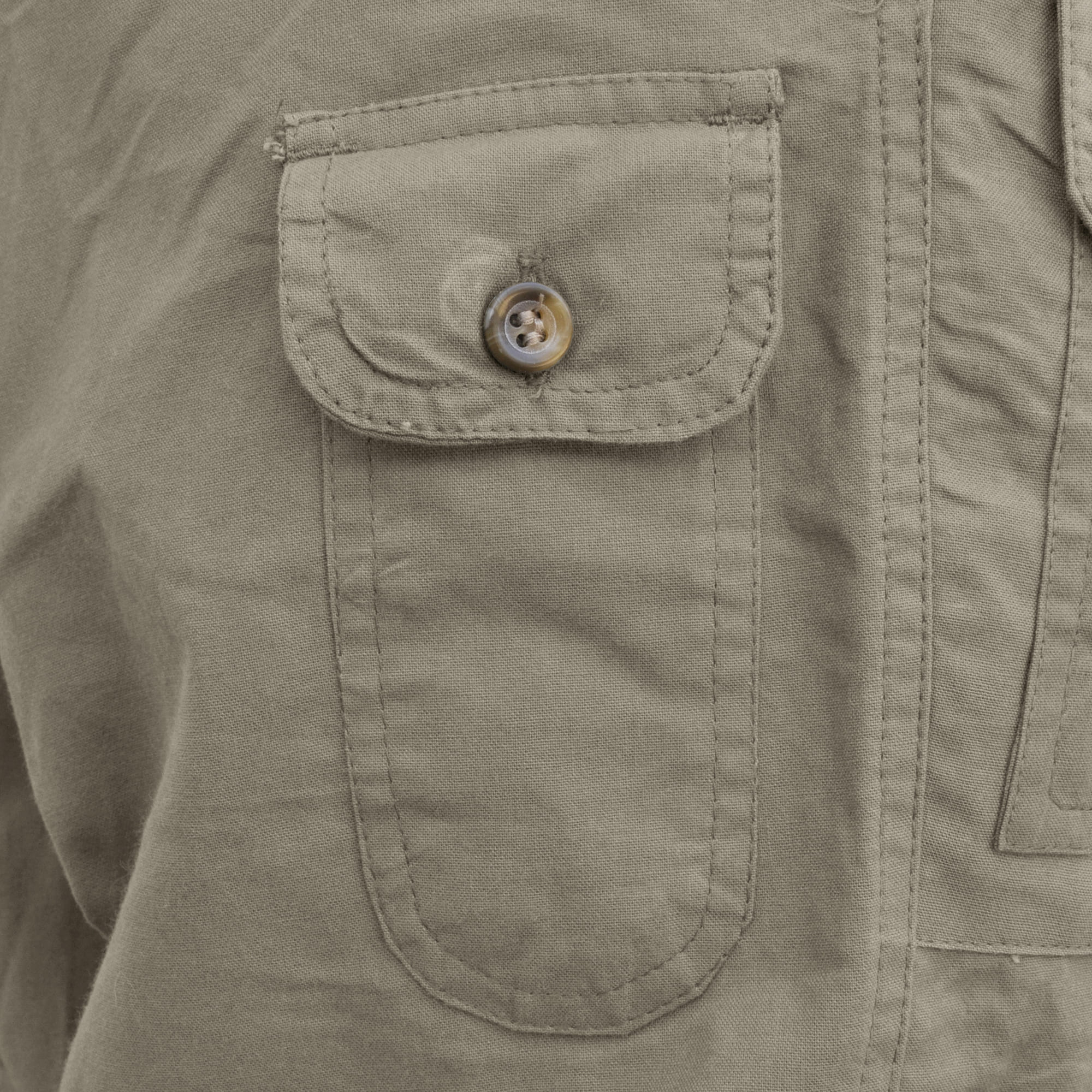 Close-up of a pocket on a green jacket with a button.