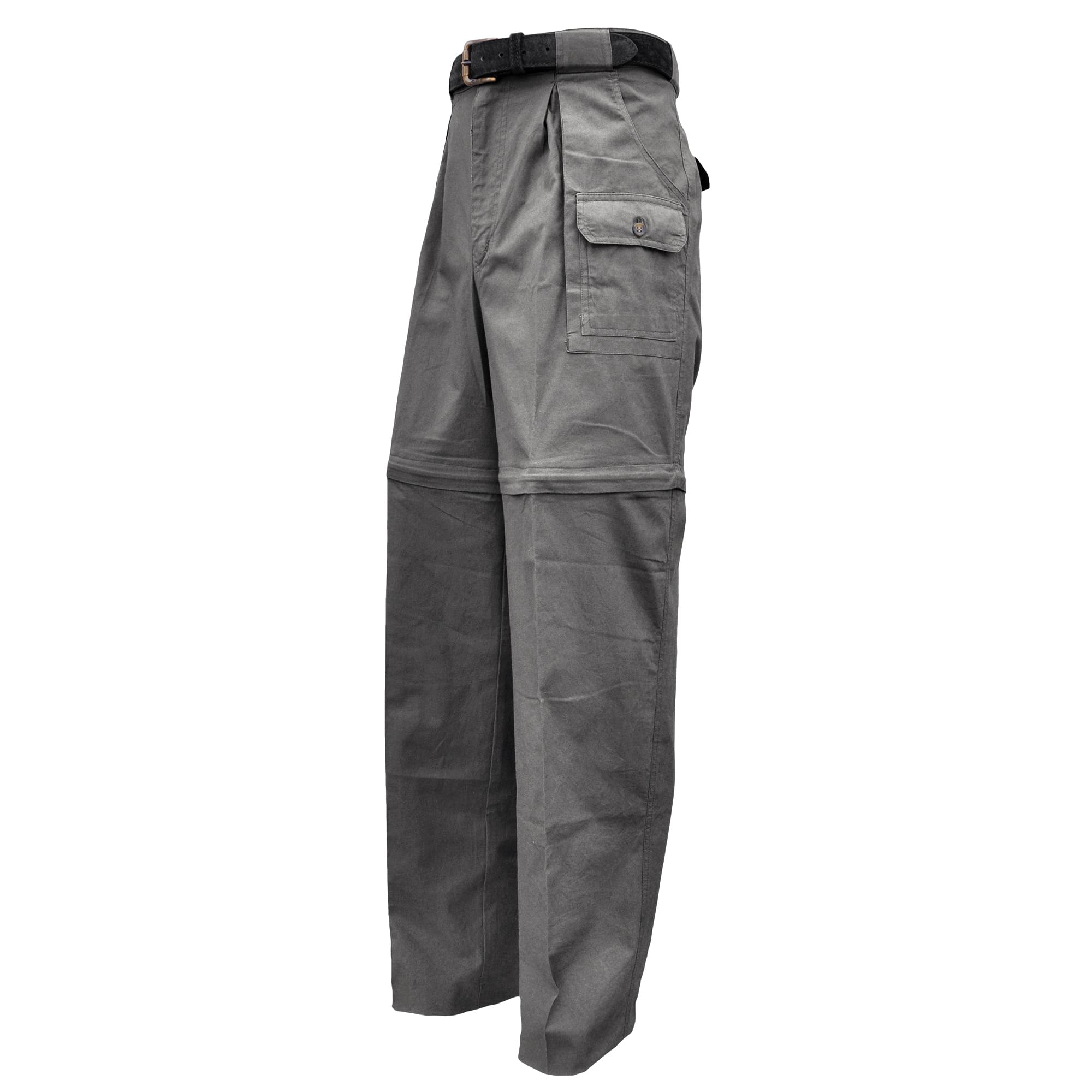 Gray tactical pants with a belt on a white background