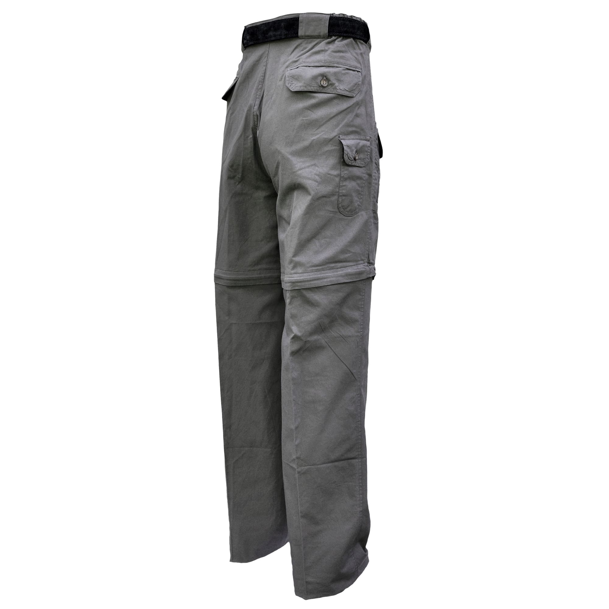 Gray tactical pants with multiple pockets on a white background