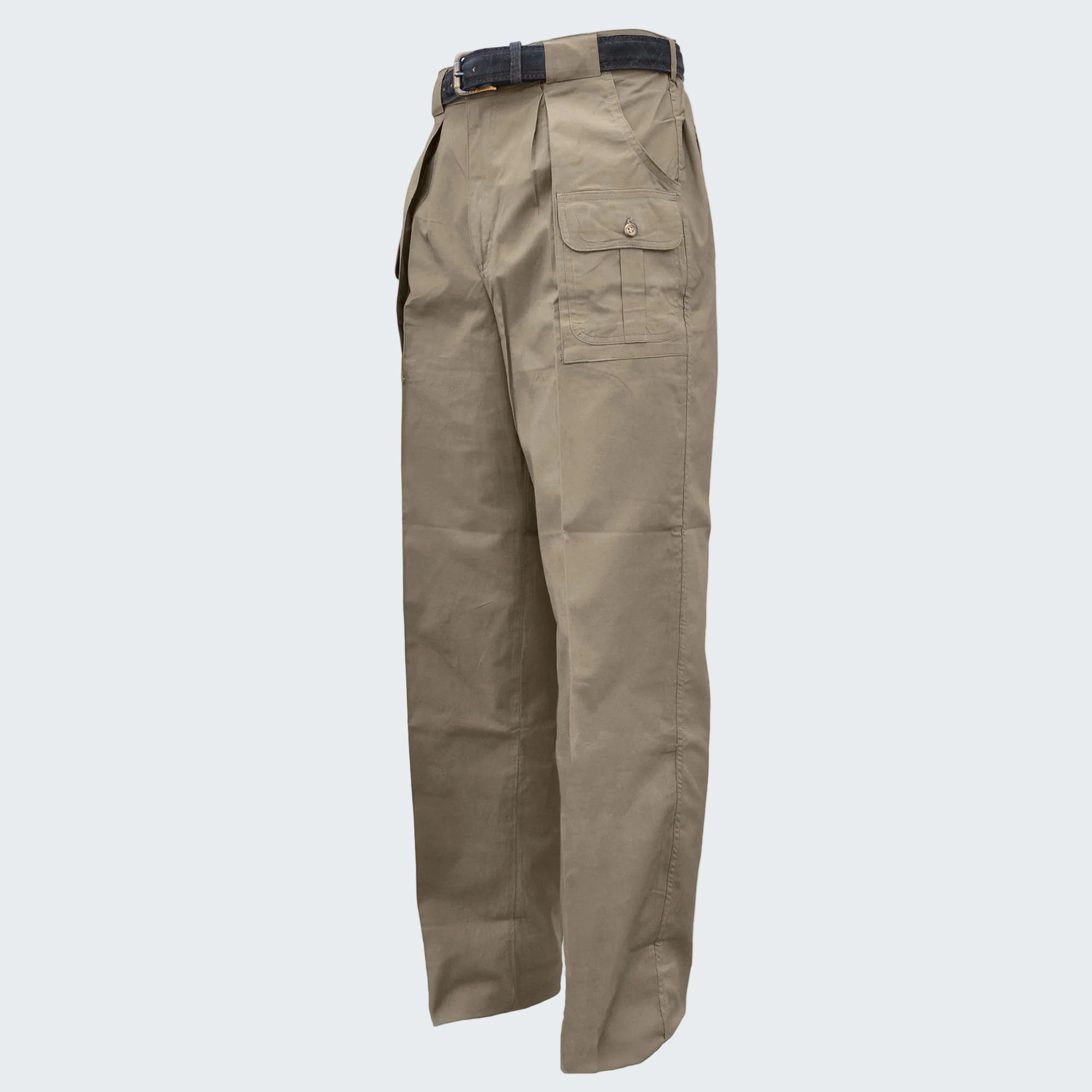Khaki pants with a belt on a white background