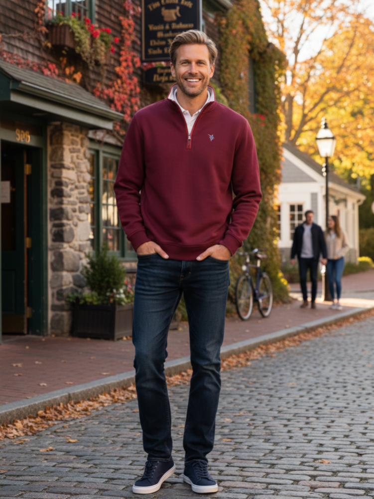 Man wearing a maroon sweater and blue jeans standing on a cobblestone street with autumn foliage.
