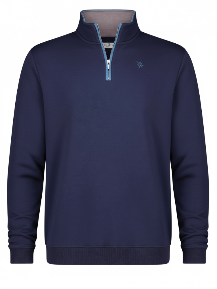 Navy blue quarter-zip sweatshirt with a small logo on a white background