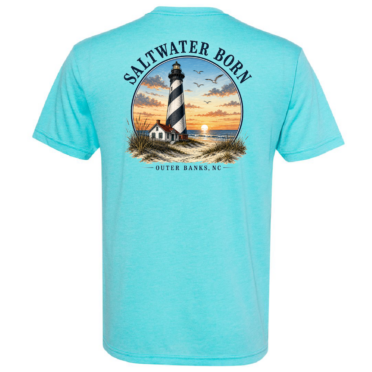 A light turquoise blue short-sleeve t-shirt shown from the back, featuring a large circular graphic print of a lighthouse on the Outer Banks at sunset with the text 'SALTWATER BORN' and 'OUTER BANKS, NC'.