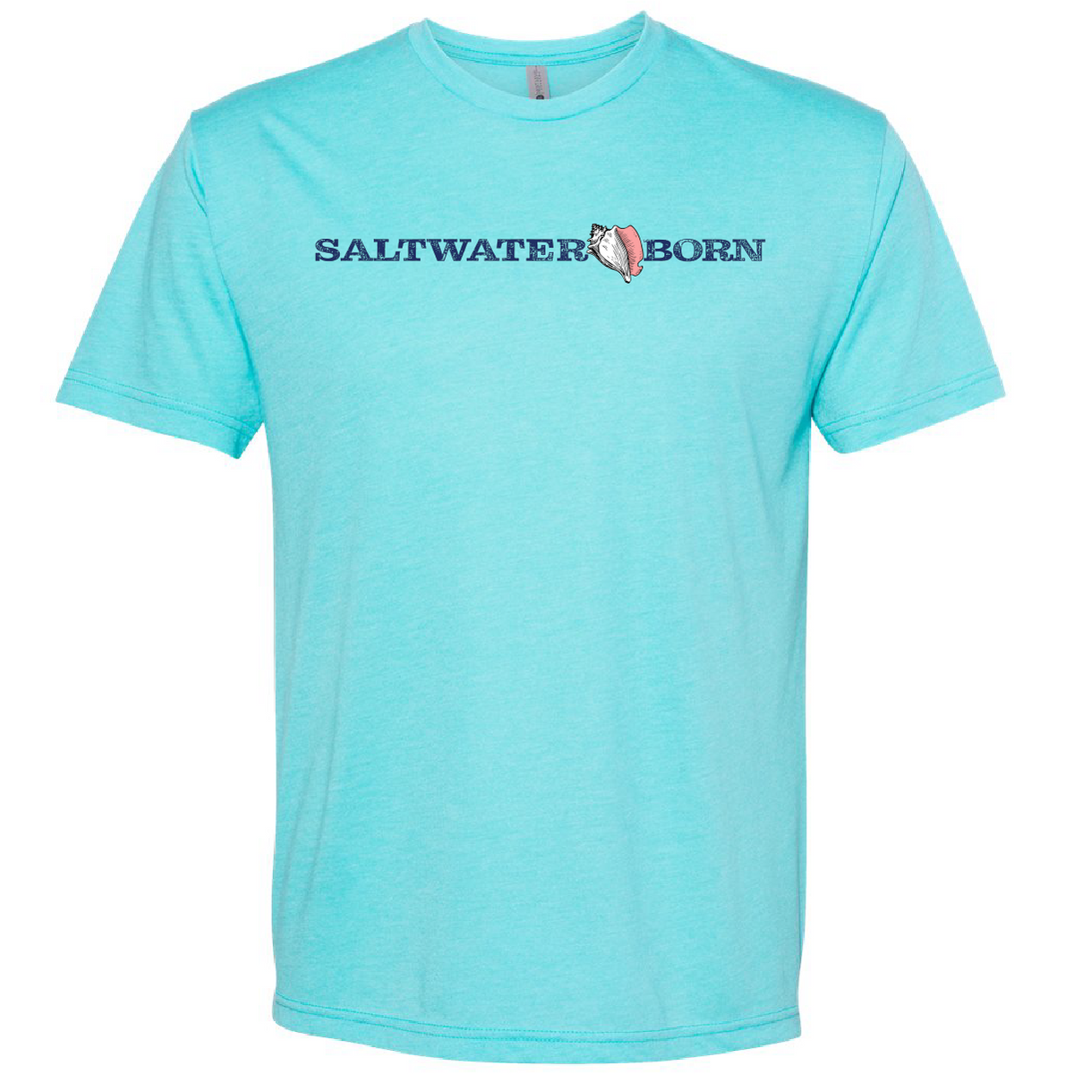 A light turquoise crewneck t-shirt with 'SALTWATER BORN' printed across the chest in navy blue letters, featuring a small pink and white clam graphic between the words. The shirt is displayed flat against a solid white background.