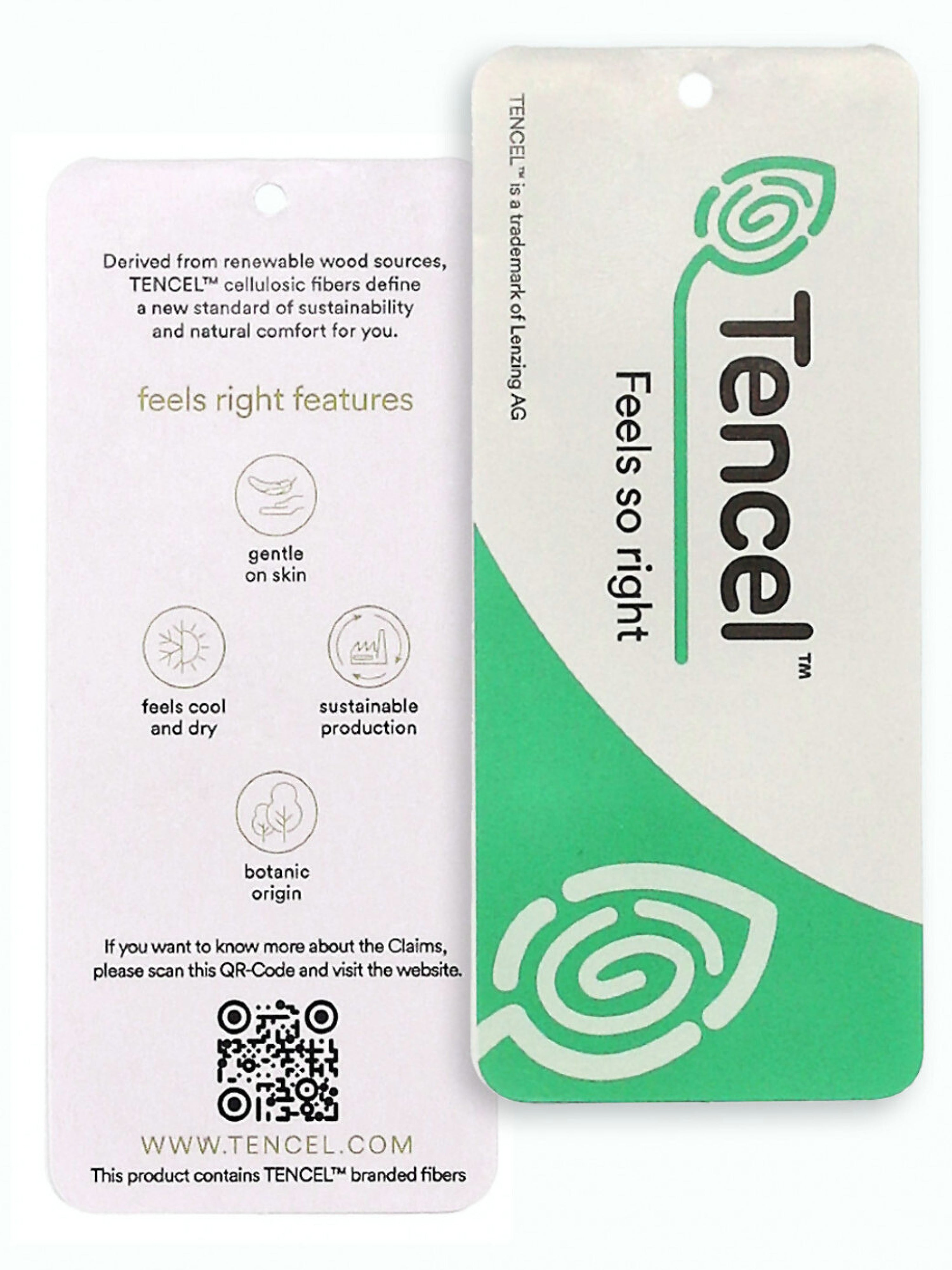 Tencel product packaging with branding and sustainability information on a white background