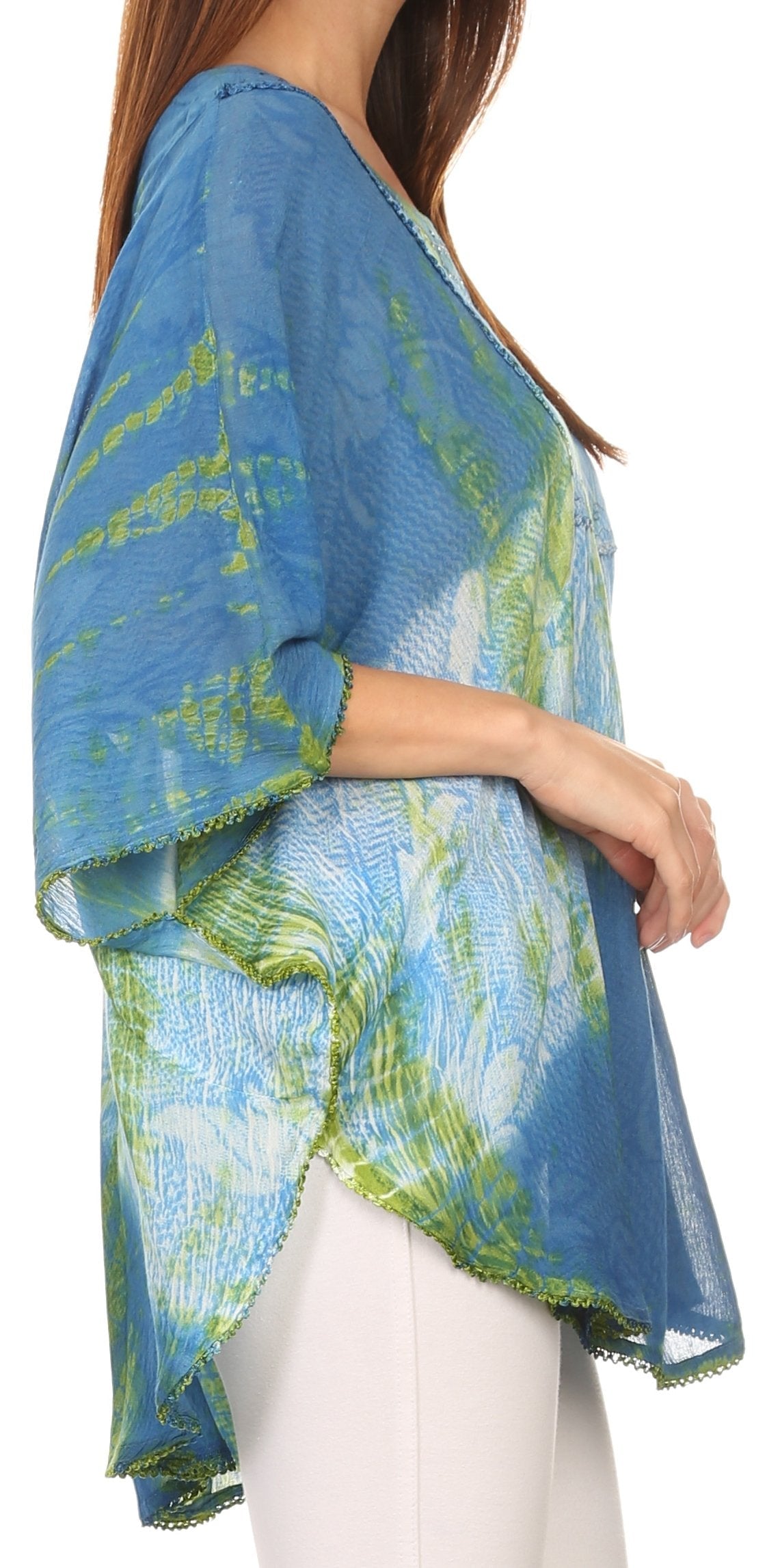 Blue and green patterned kimono-style garment worn by a person
