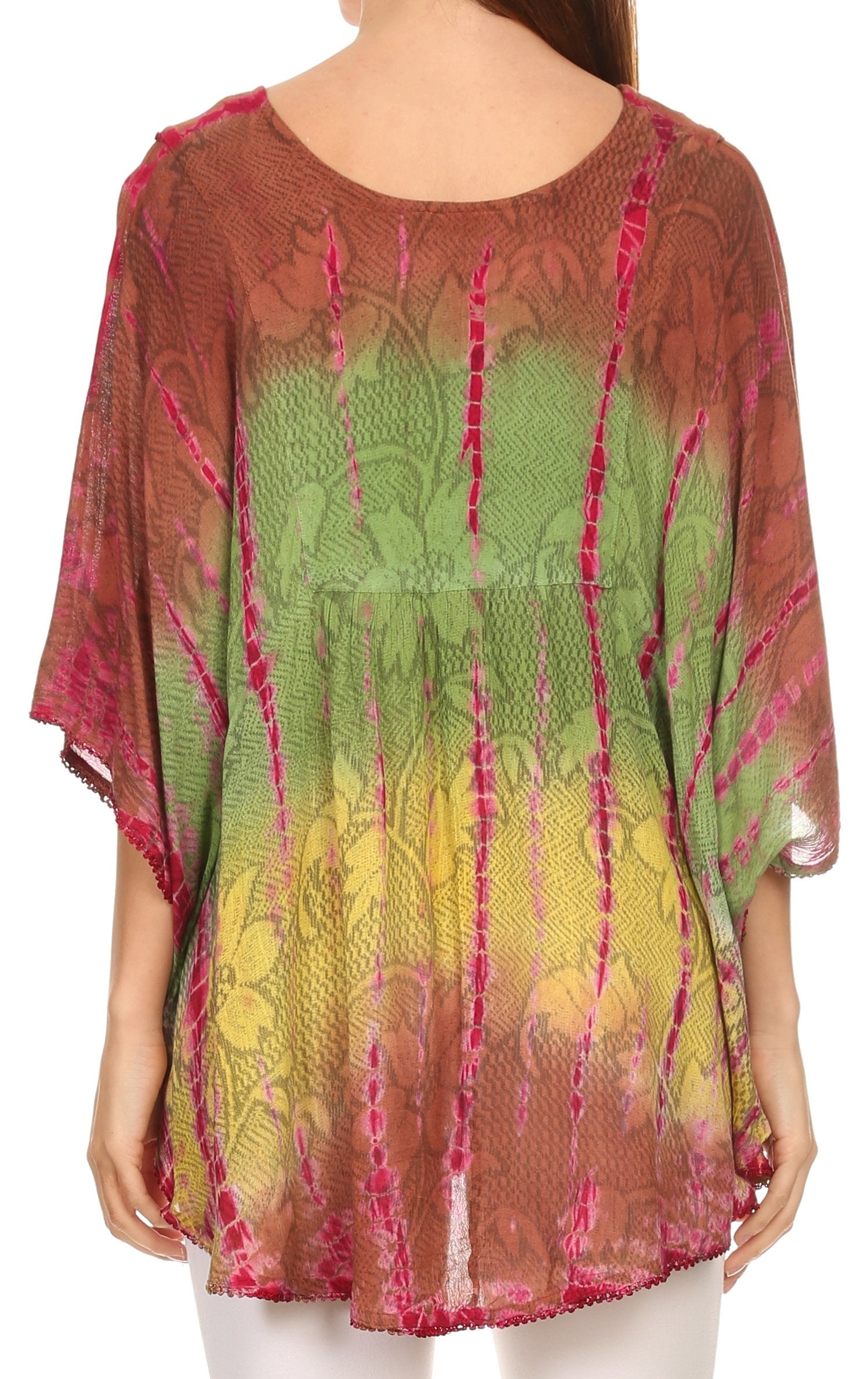 Multicolored patterned top worn by a person on a white background