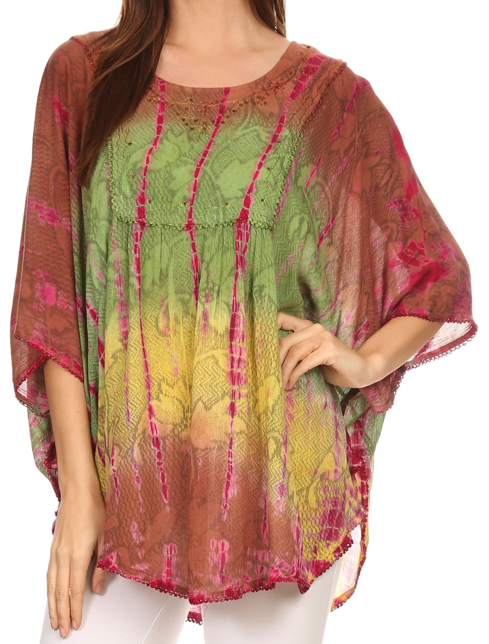Multicolored patterned top worn by a person on a white background